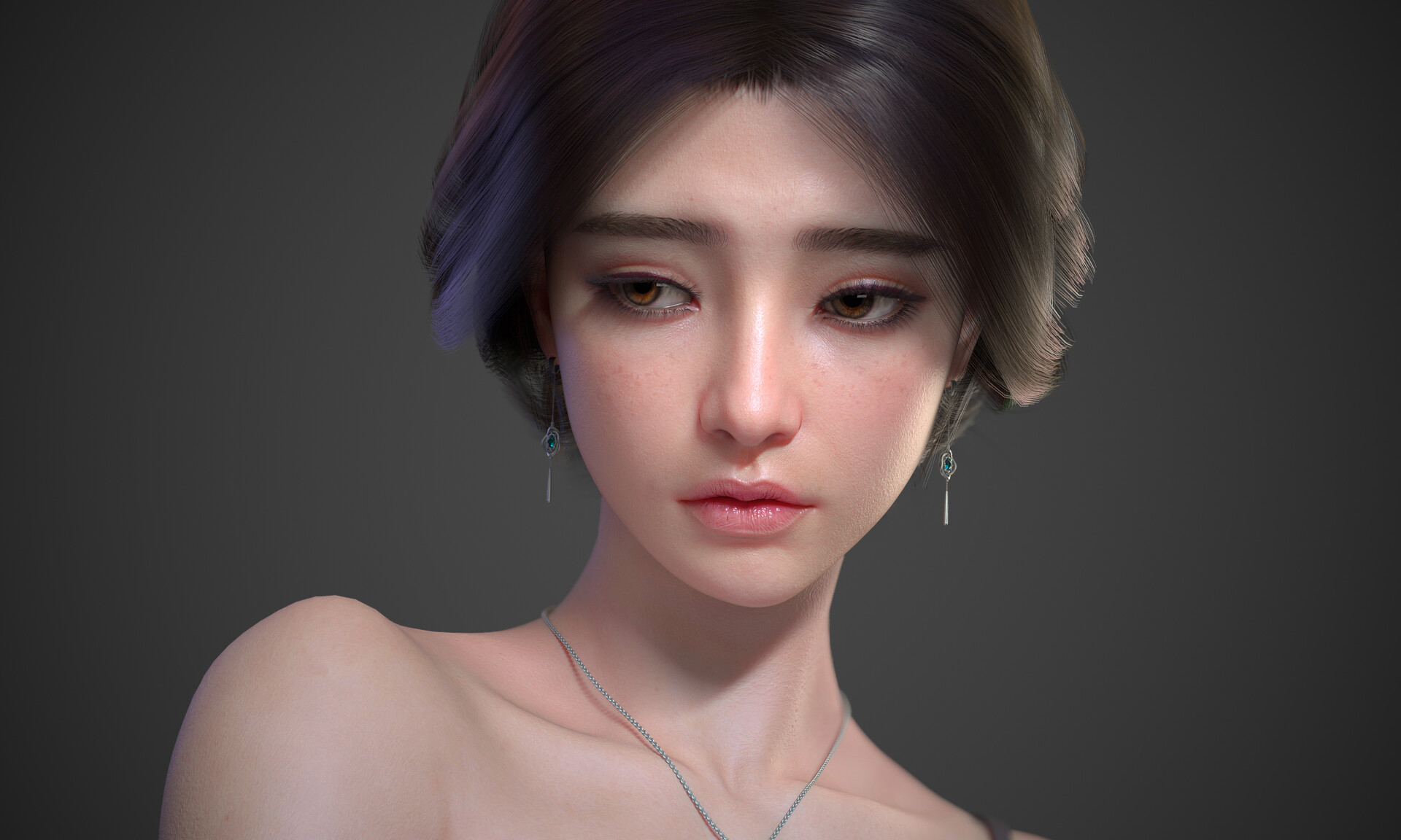Asian Women Render CGi Digital Art Face Looking Away ArtStation Dark Hair Gray Background Simple Bac 1920x1152