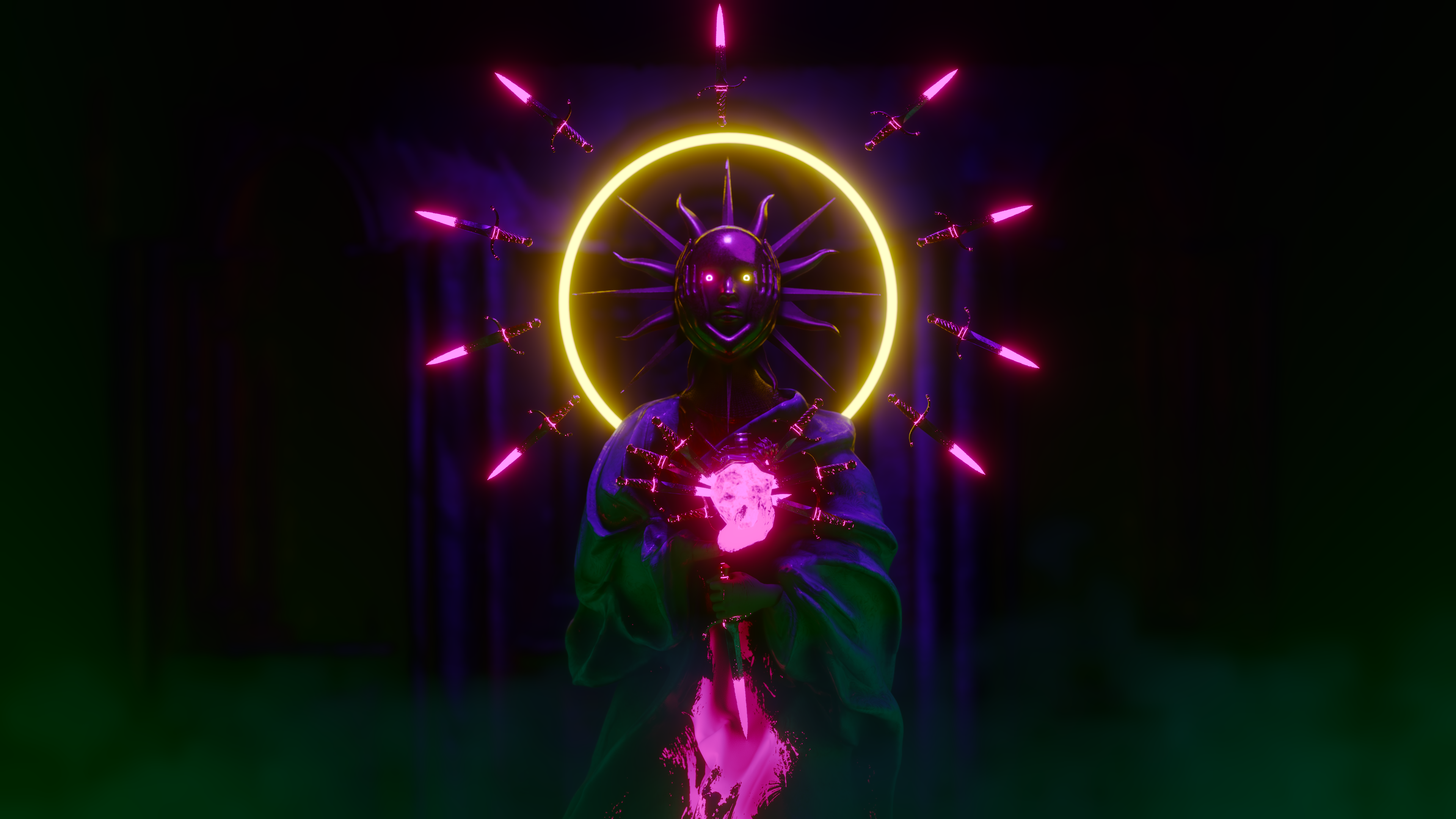 Neon Statue Pink Knife Heart Cyberpunk Glowing Eyes Glowing 3840x2160