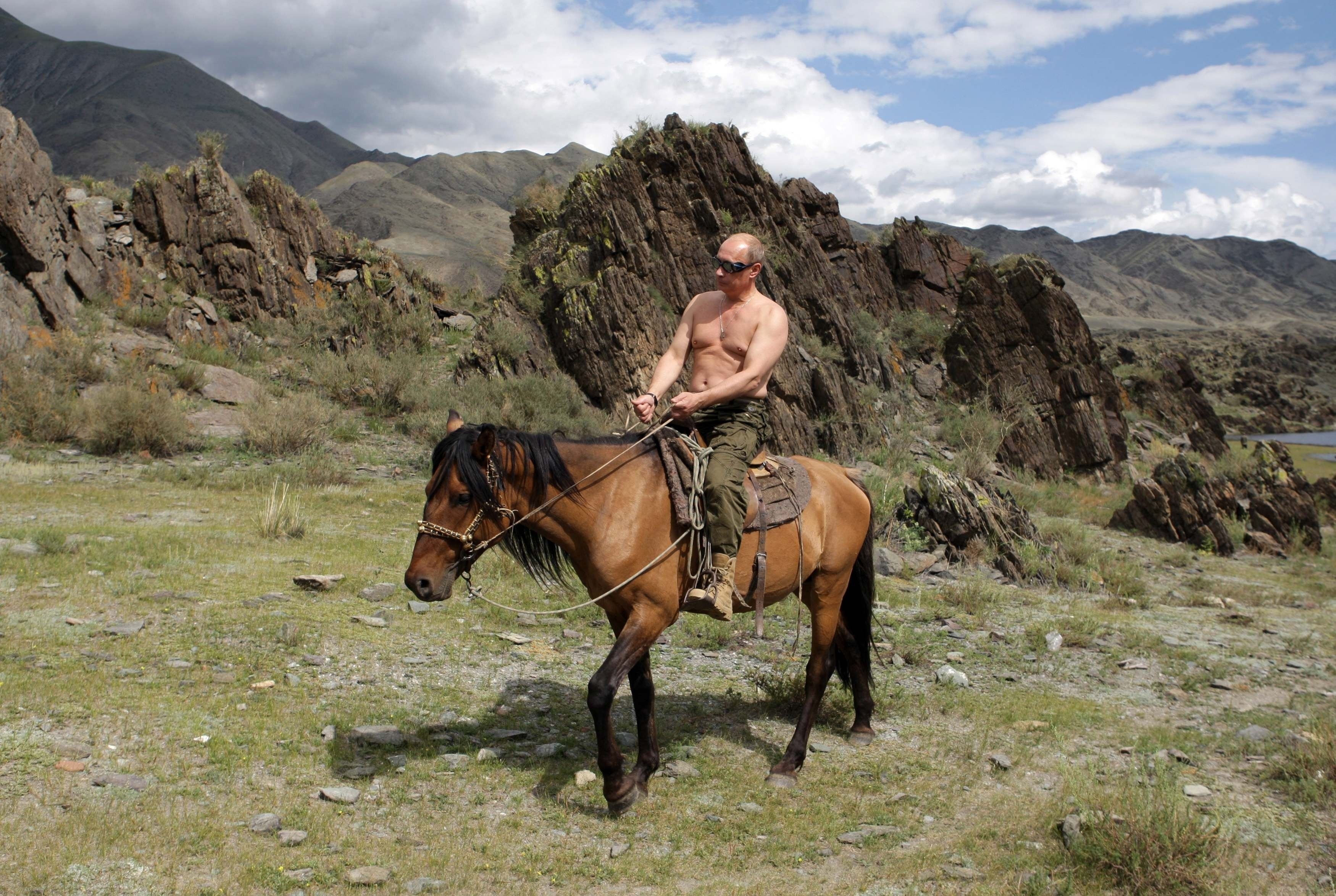 Vladimir Putin Political Figure Shirtless Sunglasses Presidents Horse Russian Russia Propaganda 3500x2348