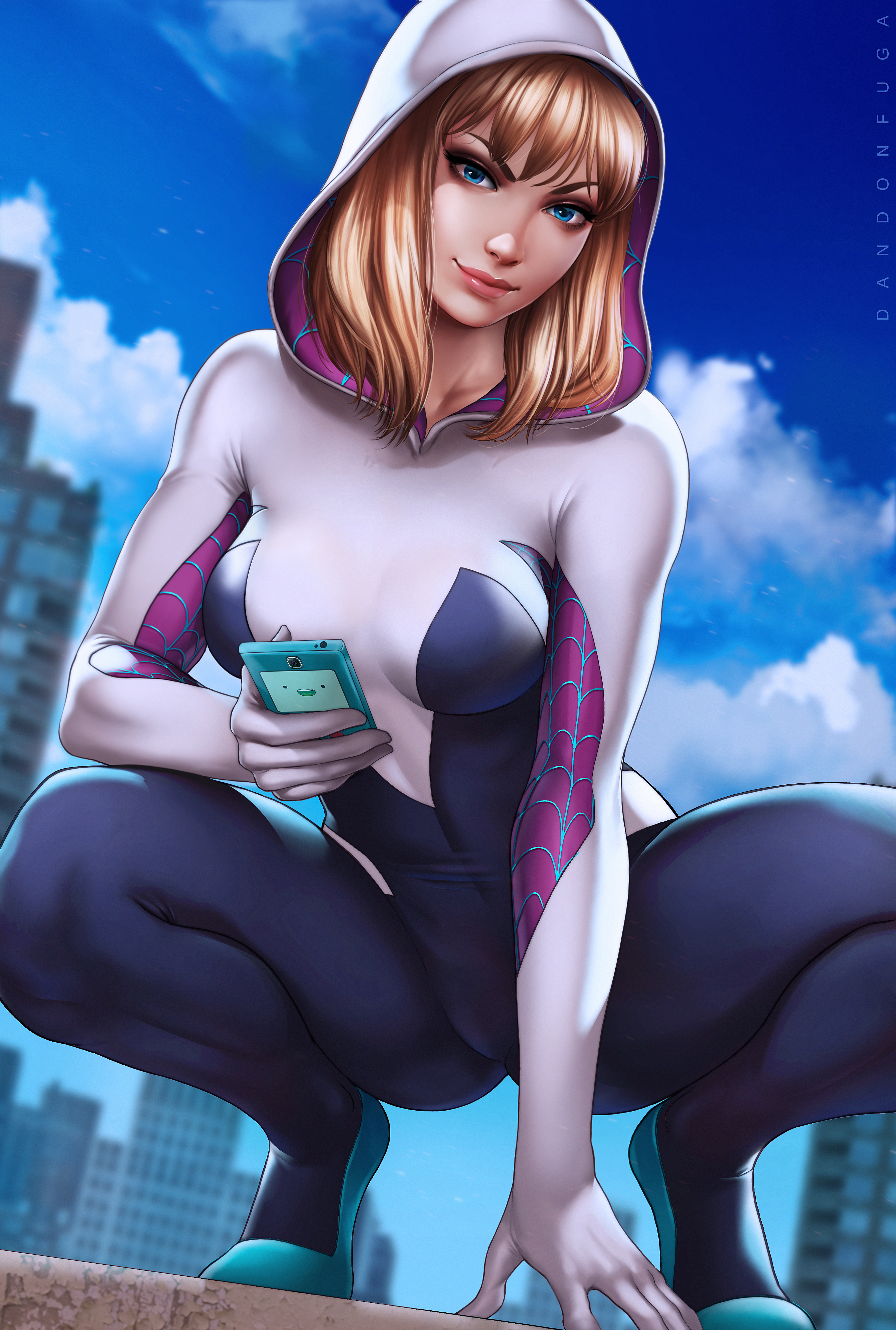 Gwen Stacy Spider Gwen Blonde Hoods Marvel Comics Bangs Blue Eyes Looking At Viewer Cellphone 2D Art 3508x5207