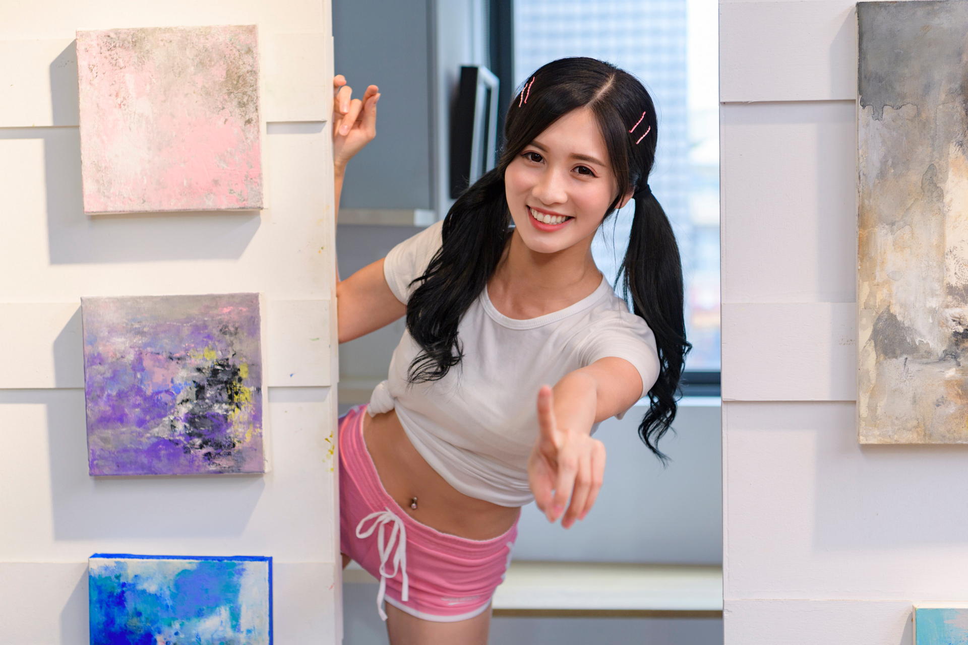 Asian Model Women Long Hair Dark Hair White Shirt Twintails Pictures Finger Pointing Depth Of Field 1920x1280