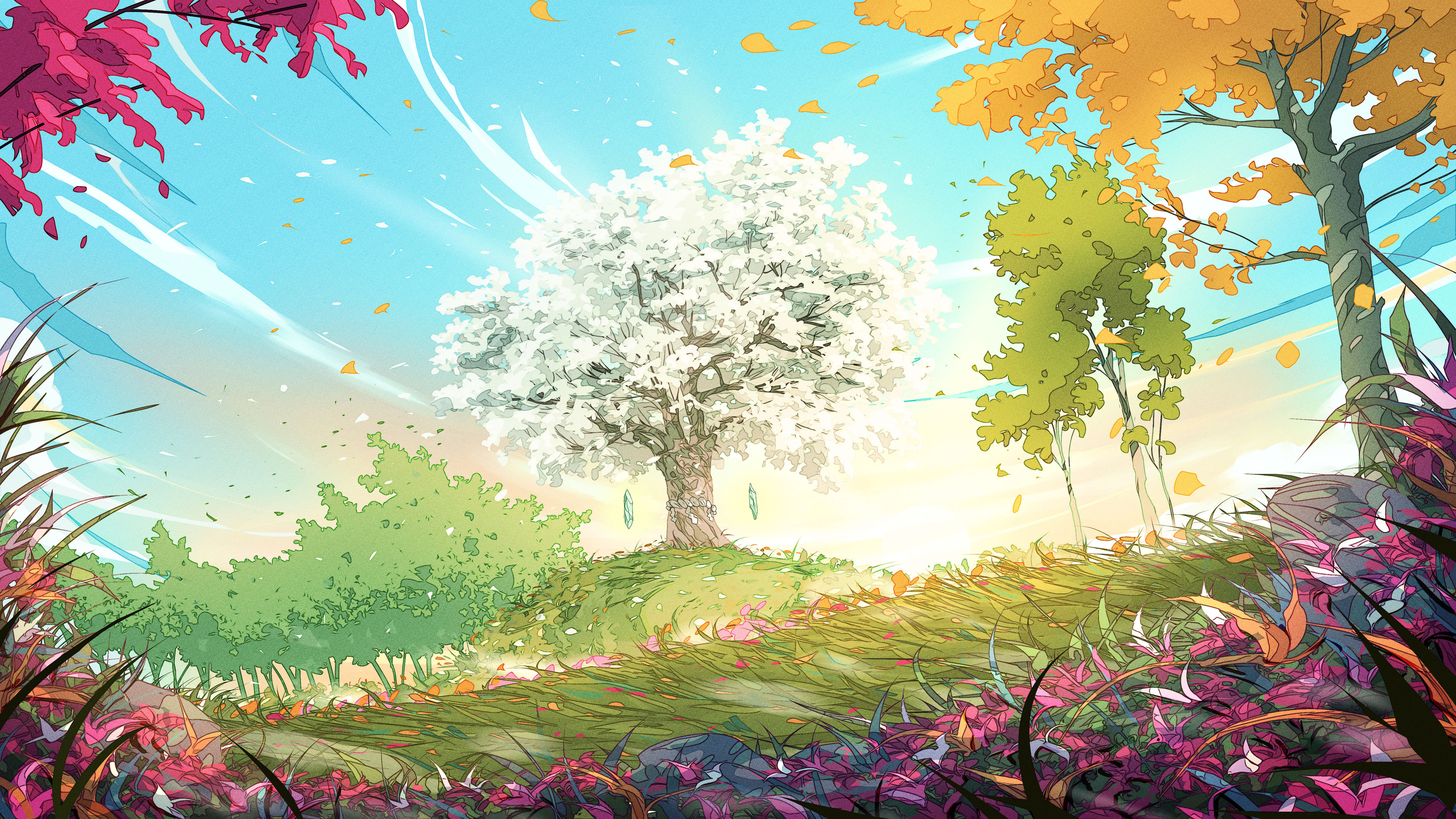 Colorful Trees Spring Leaves Wind Grass 3840x2160