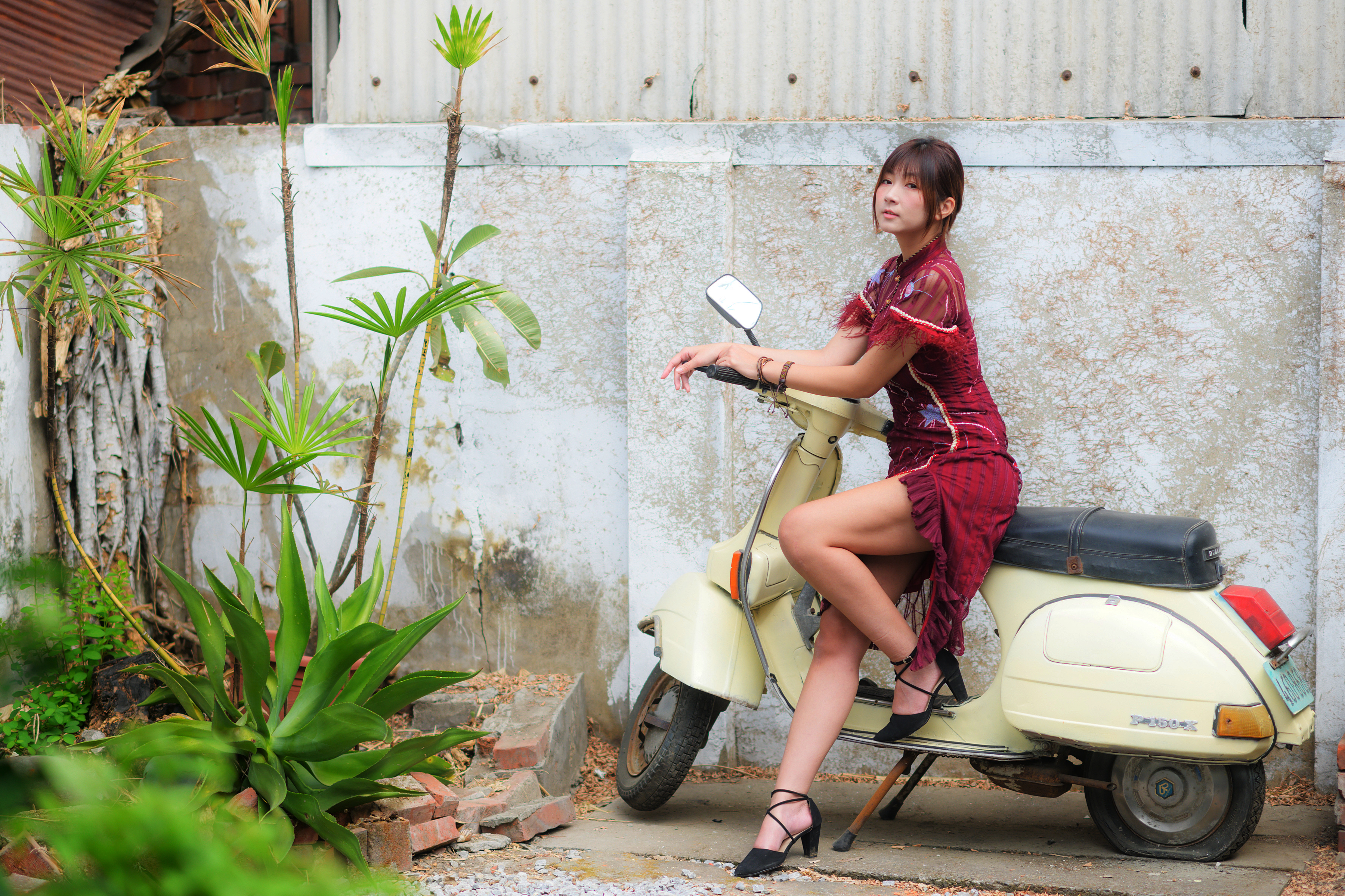 Asian Model Women Long Hair Brunette Sitting Vespa Dress Ponytail Plants Wall Shoes Women Outdoors W 3600x2400