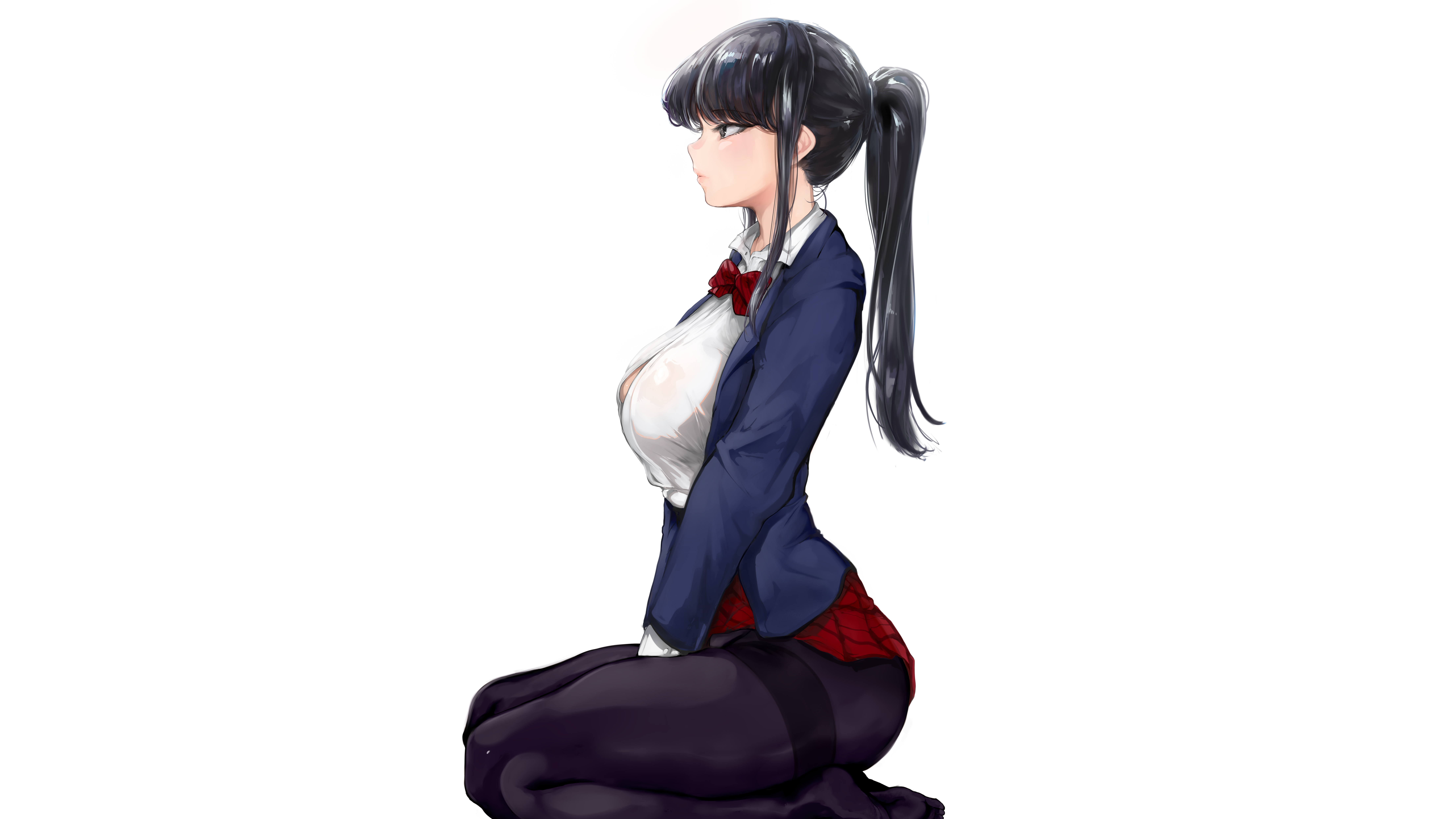 Mamimi Anime Anime Girls Long Hair Simple Background Black Hair Ponytail School Uniform Tie White Sh 8855x4980