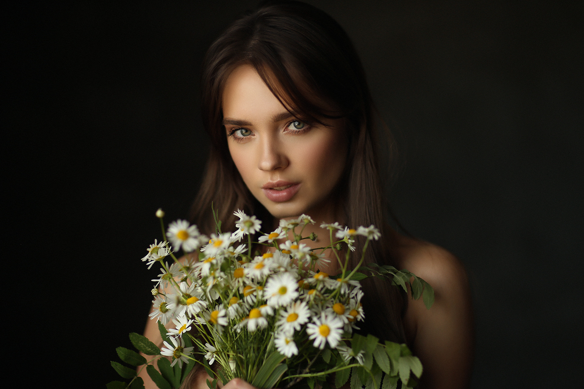 Dmitry Arhar Women Brunette Looking At Viewer Makeup Flowers Simple Background Portrait 1920x1280
