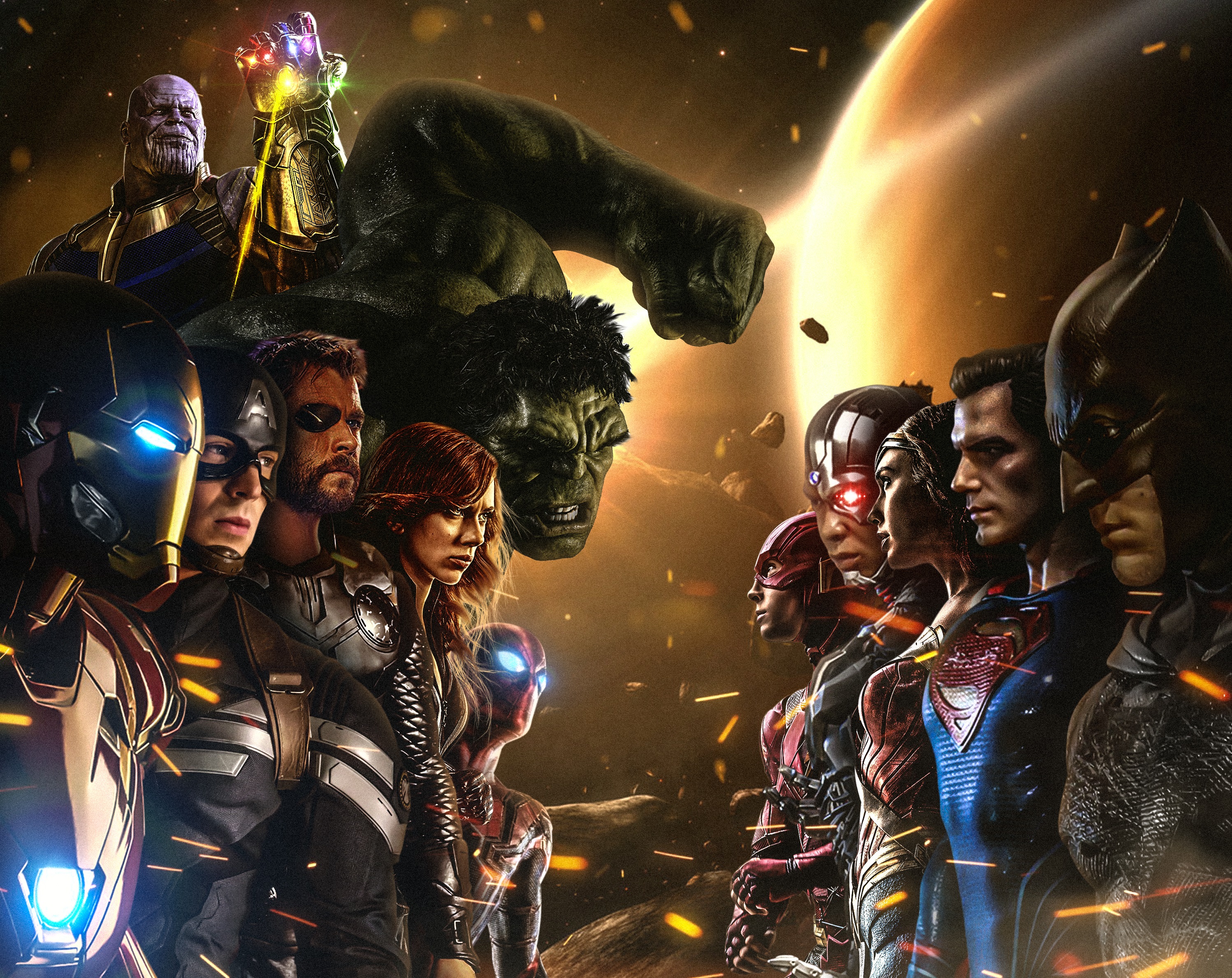 Thanos Hulk Iron Man Captain America Thor Black Widow Natasha Romanoff Flash Batman Superman Wonder  2995x2377