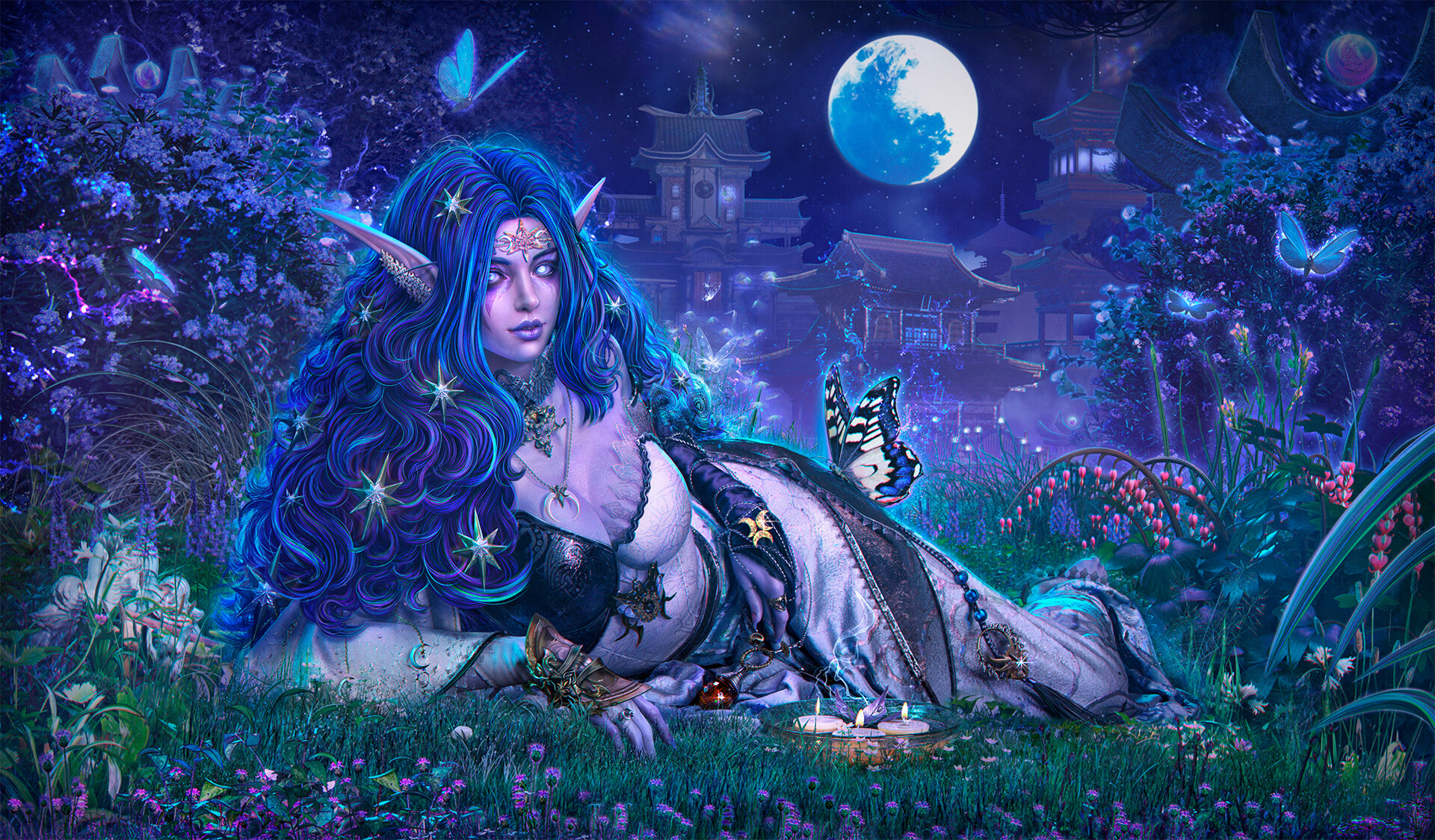 Taisa Kislova Fantasy Art Digital Art Blue Hair Butterfly Moonlight Asian Architecture Garden Candle 1920x1124