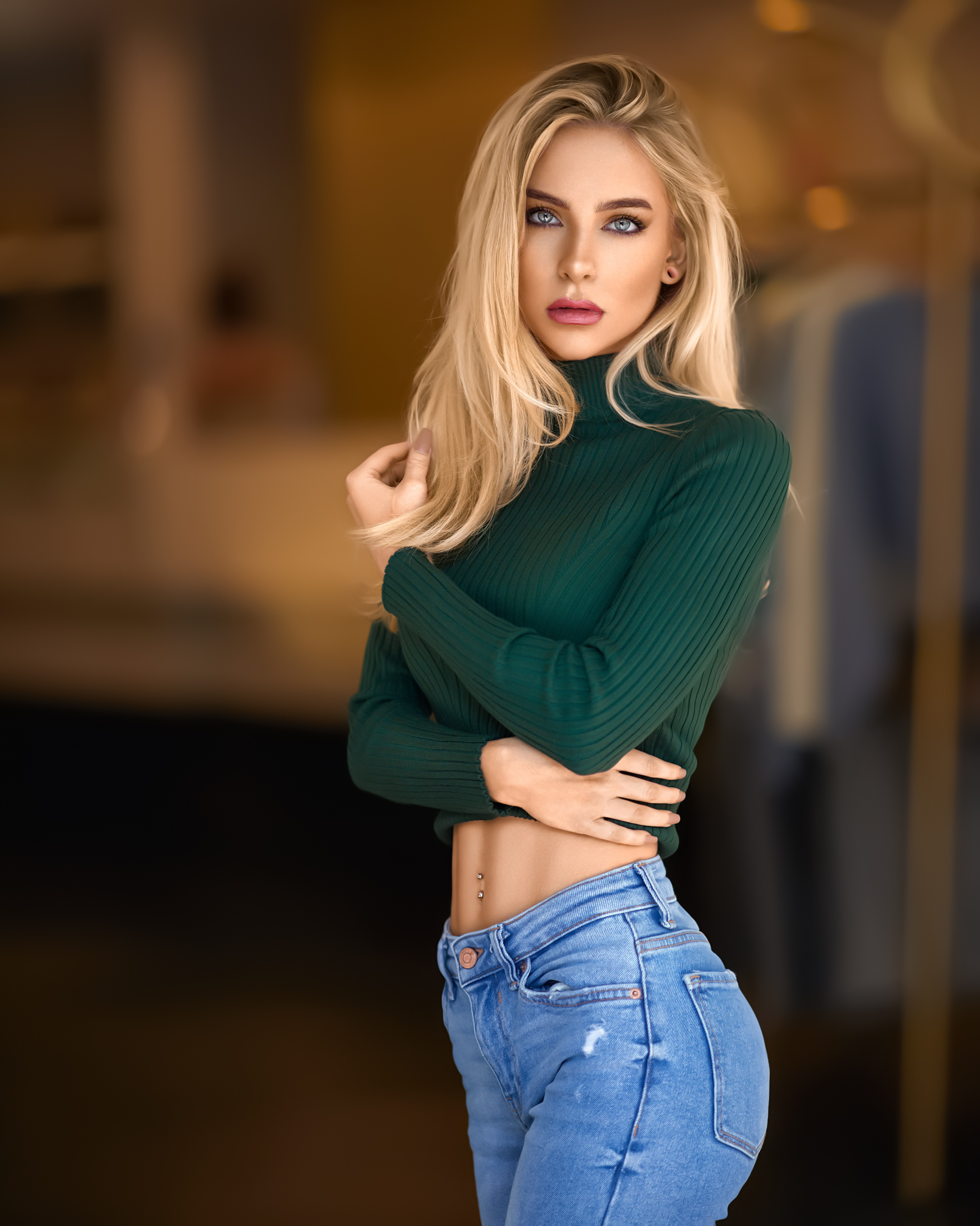 Weniamin Schmidt Women Blonde Long Hair Blue Eyes Turtlenecks Green Clothing Jeans Depth Of Field Lo 1636x2045
