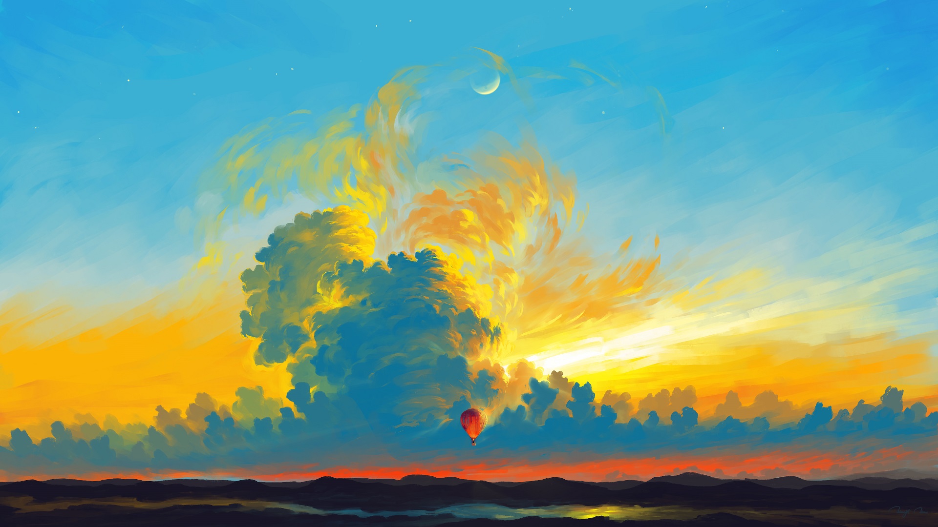 BisBiswas Digital Art Illustration Artwork Landscape Clouds Hot Air Balloons Mountains Sky Moon 1920x1080