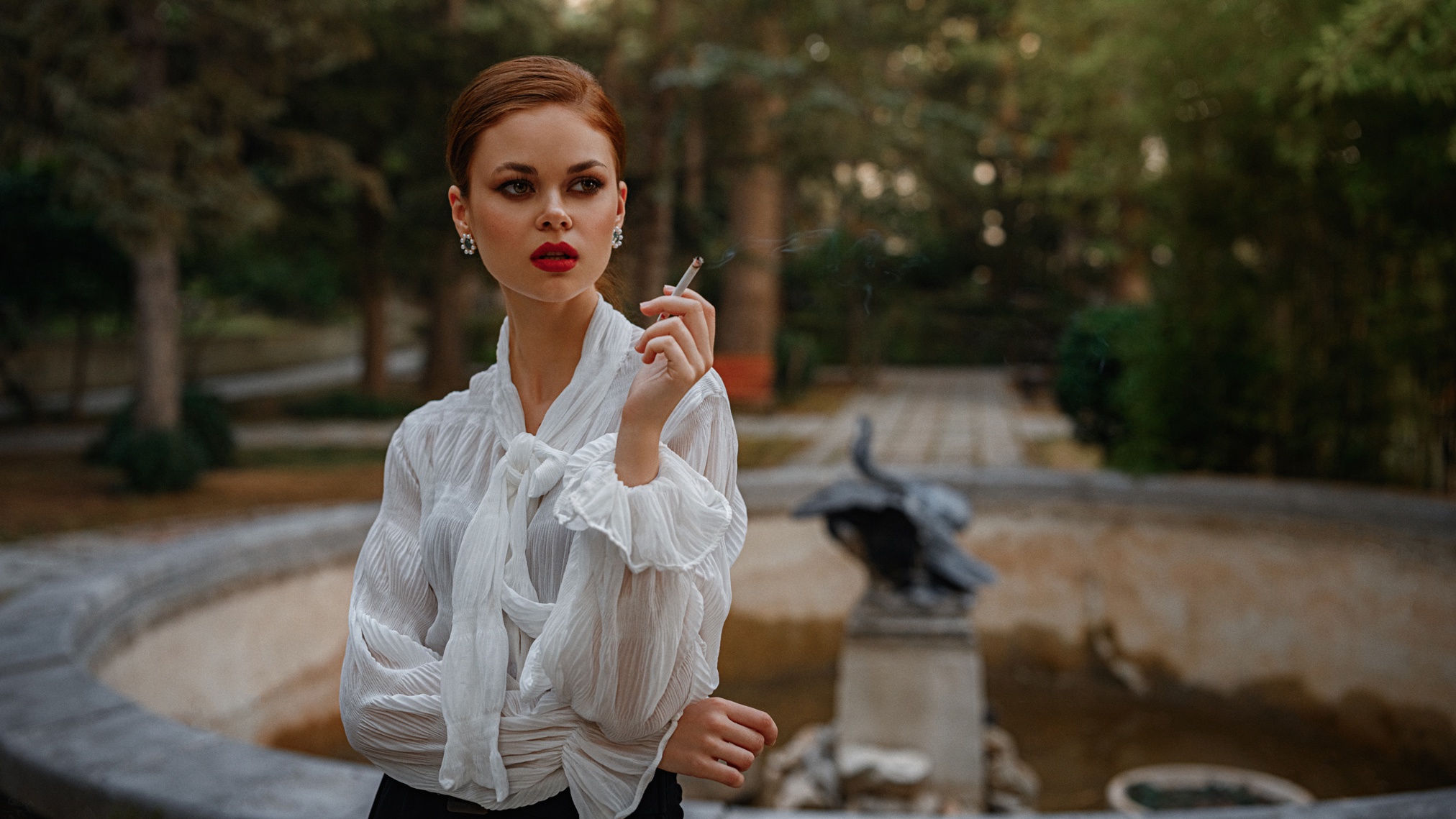 Women Viktoria Ageeva Brunette Makeup Looking Away Cigarettes White Clothing Depth Of Field Lipstick 2024x1139