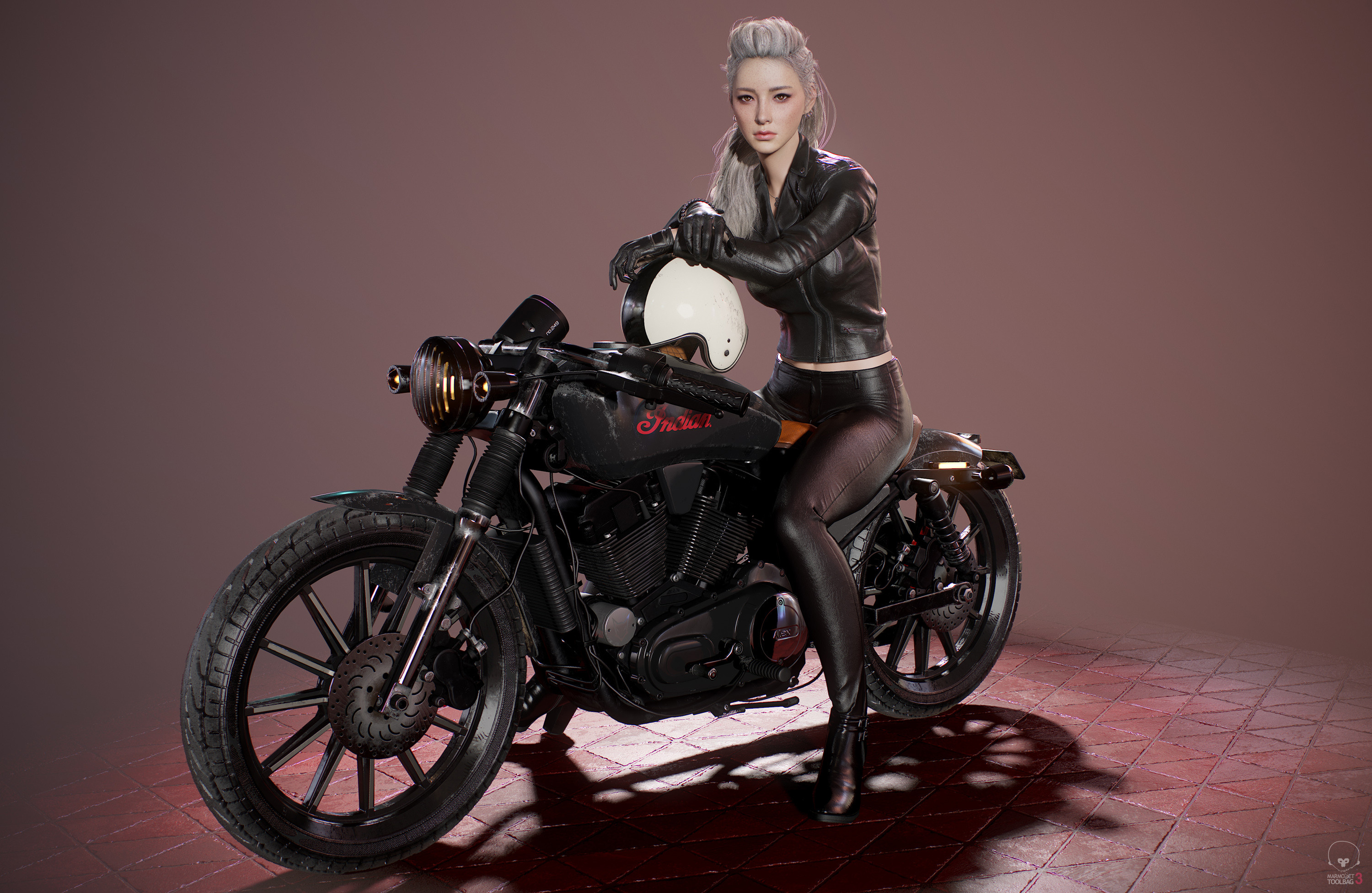 Seungmin Kim Digital Art Artwork 3D 3d Design Motorcycle Women Black Clothing Helmet Blonde Vehicle  3000x1953