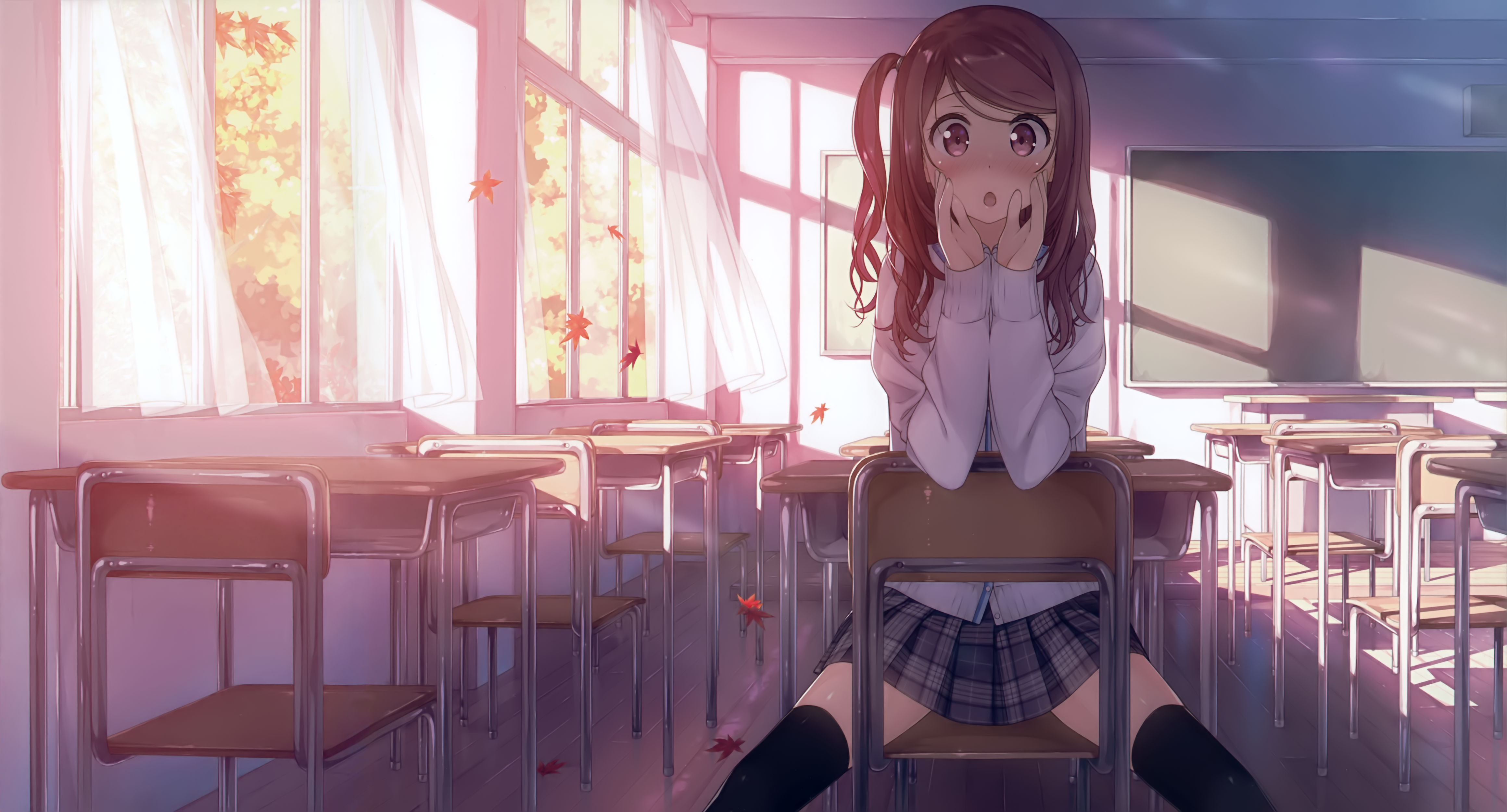 Anime Anime Girls Original Characters Frontal View Sitting Backwards Resting Head Indoors Classroom  4640x2500