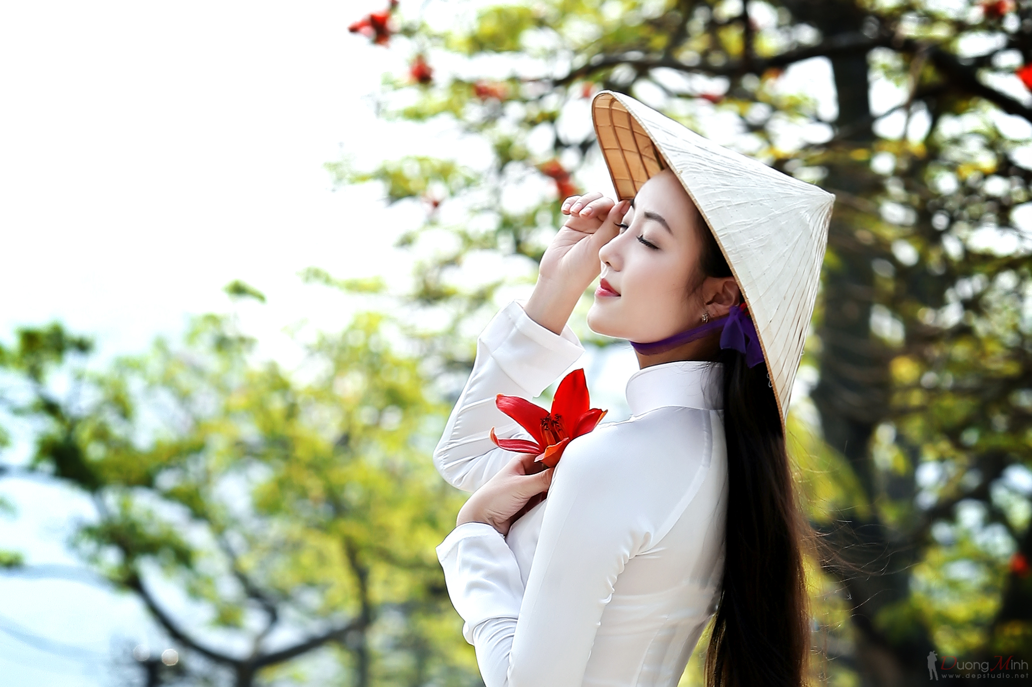 Ao Dai Asian Asian Conical Hat Bokeh Flower Girl Mood Vietnamese 2048x1364