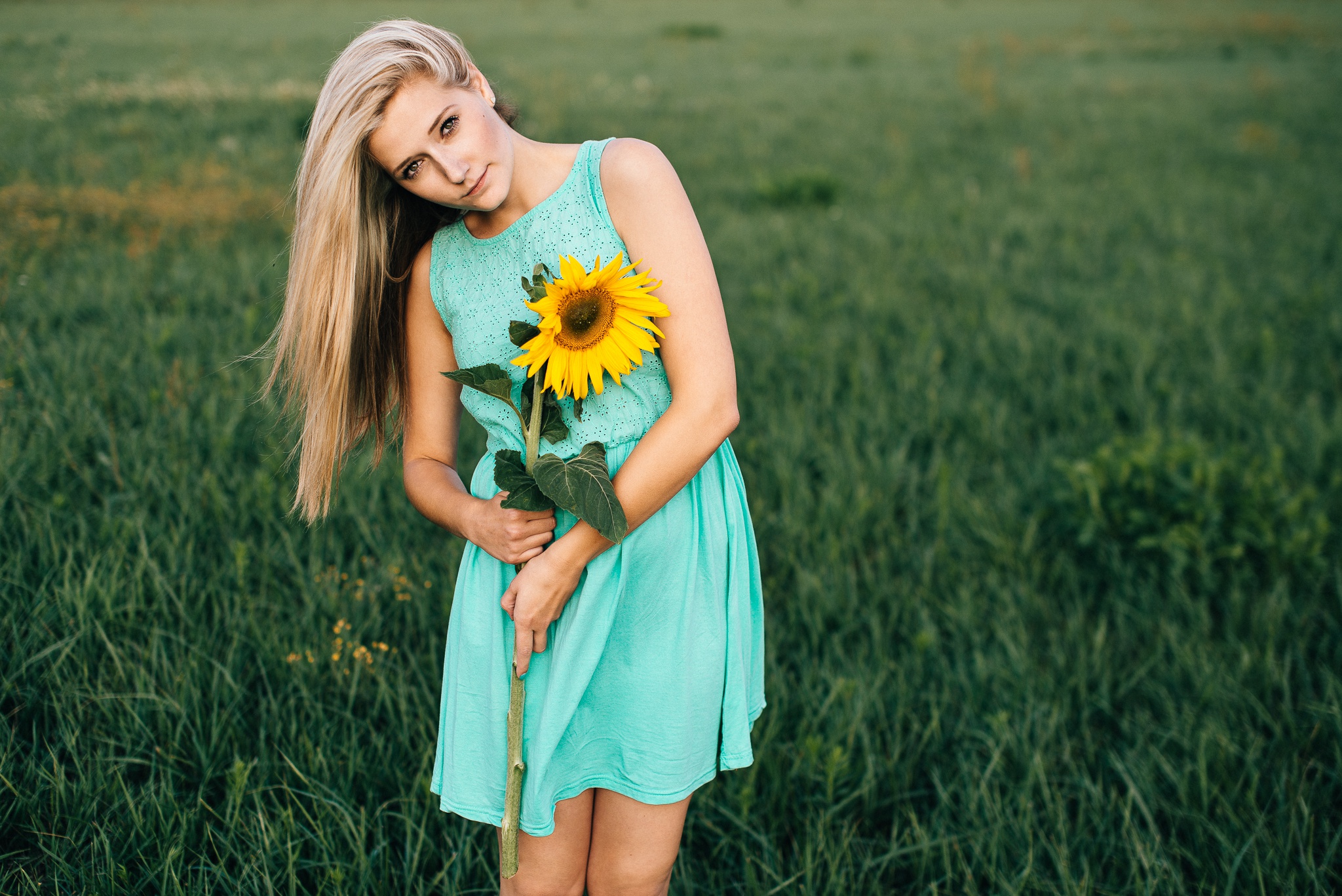 Girl Sunflower Woman Blonde Dress Depth Of Field 2048x1367