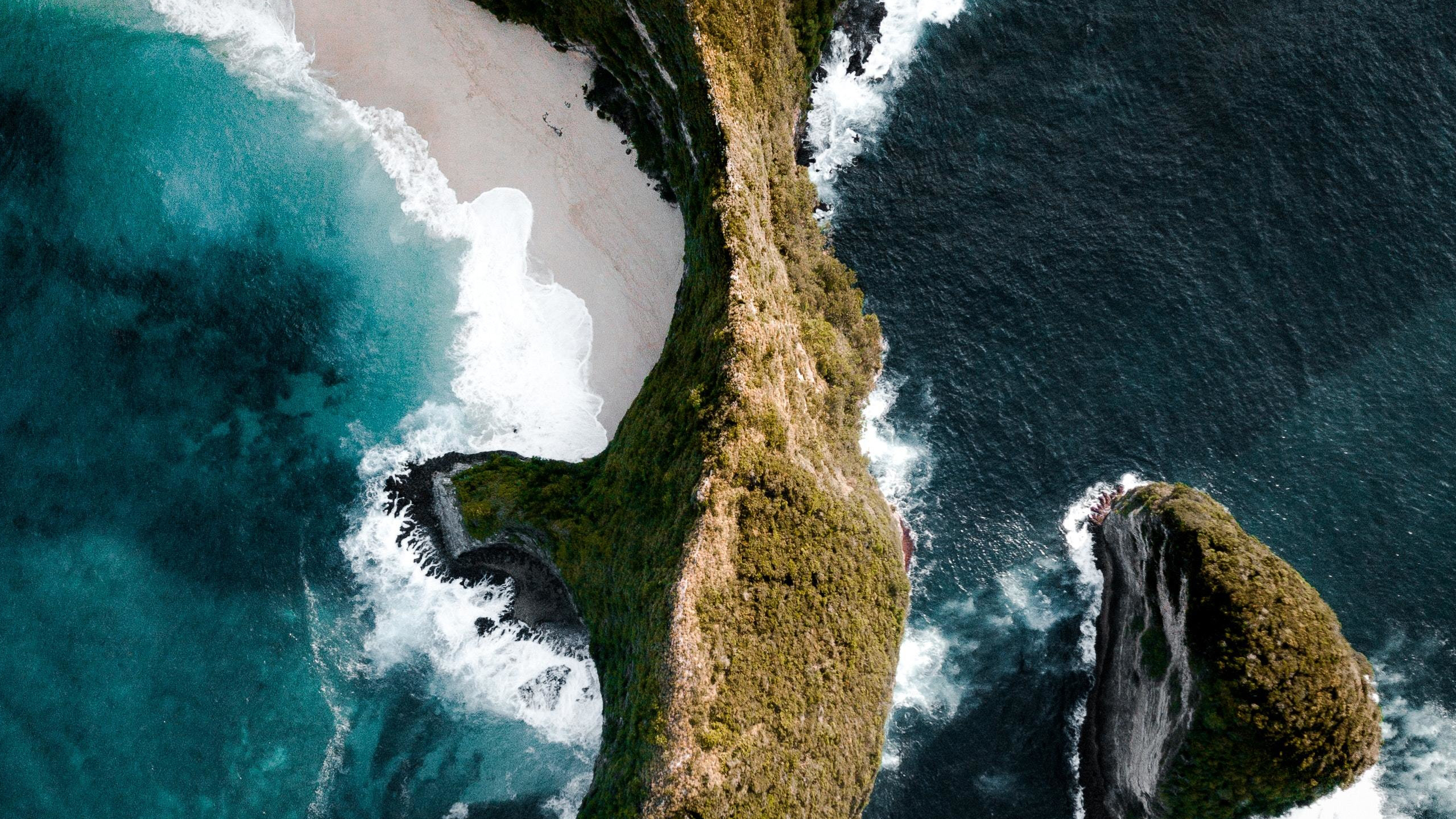 Aerial View Nature Beach Waves Cliff Sea Contrast 2560x1440
