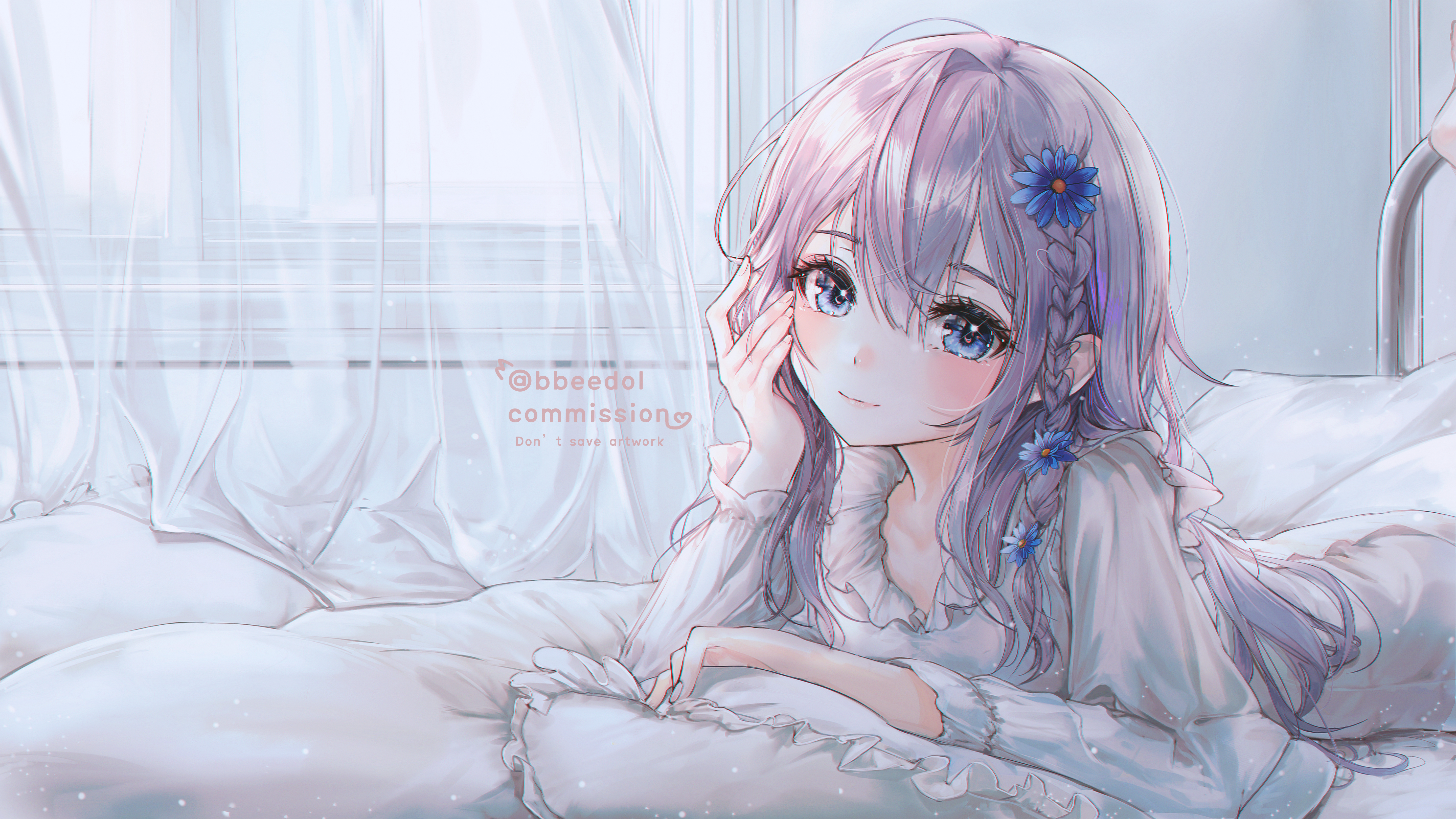 Anime Anime Girls Bbeedol Artwork Silver Hair Blue Eyes In Bed 5760x3240