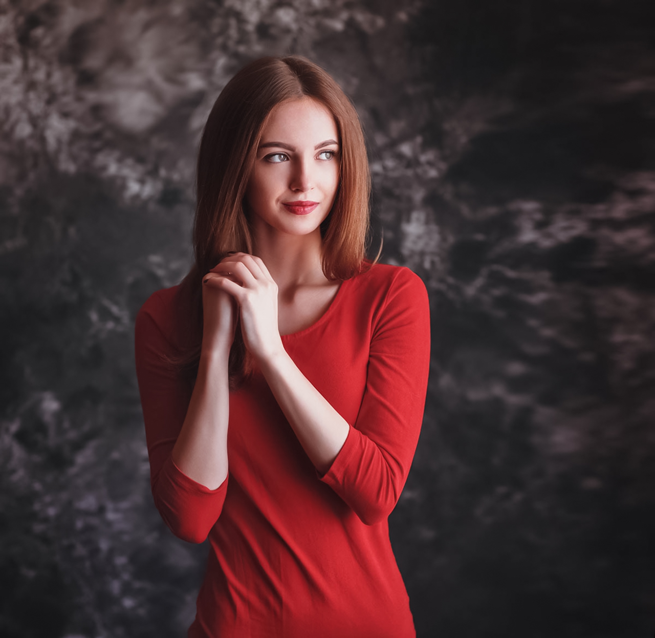 Aleksei Gilev Women Brunette Looking Away Red Clothing Makeup Simple Background 1280x1246