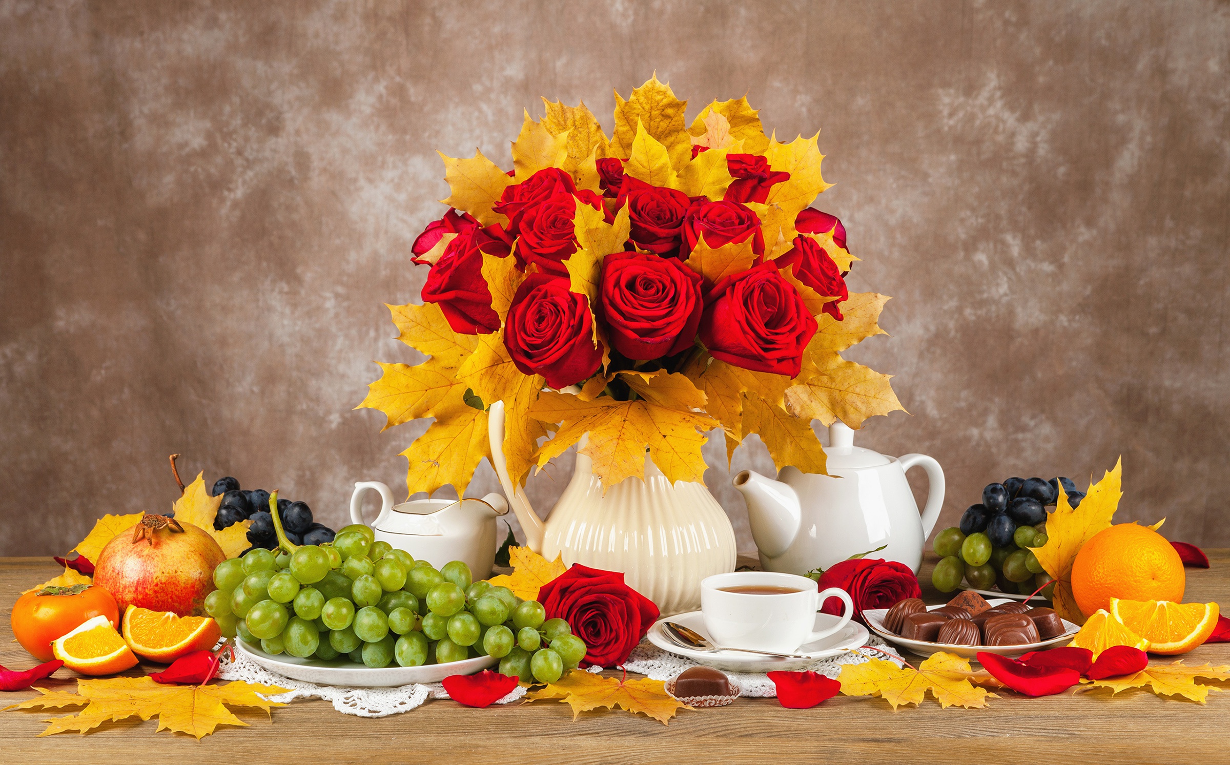 Fall Leaf Chocolate Rose Grapes Red Flower Vase Flower Fruit Pitcher 2400x1493