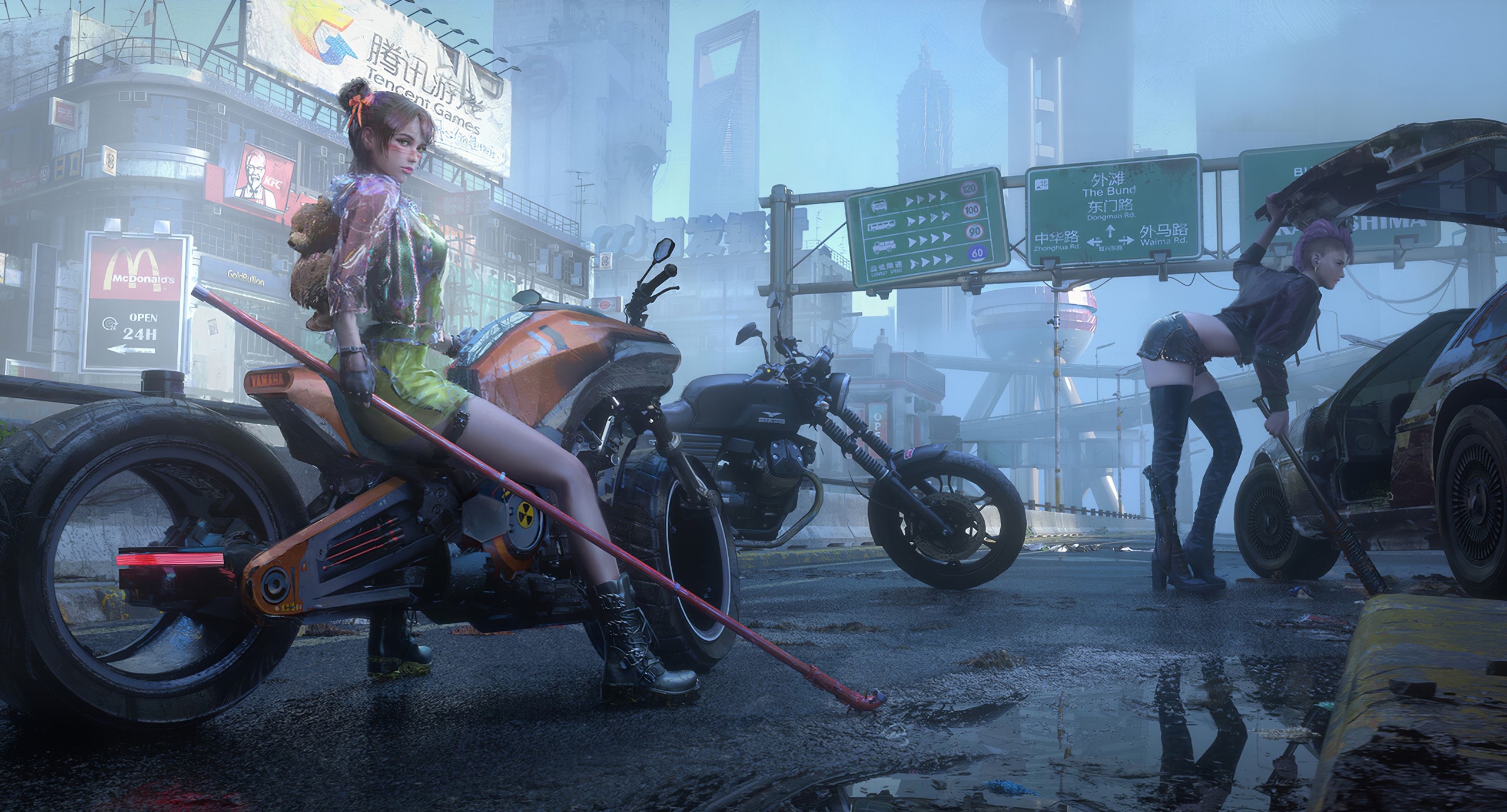 Cyberpunk 2077 Cyberpunk Digital Art Video Game Girls Video Games Women Motorcycle City KFC McDonald 2560x1380