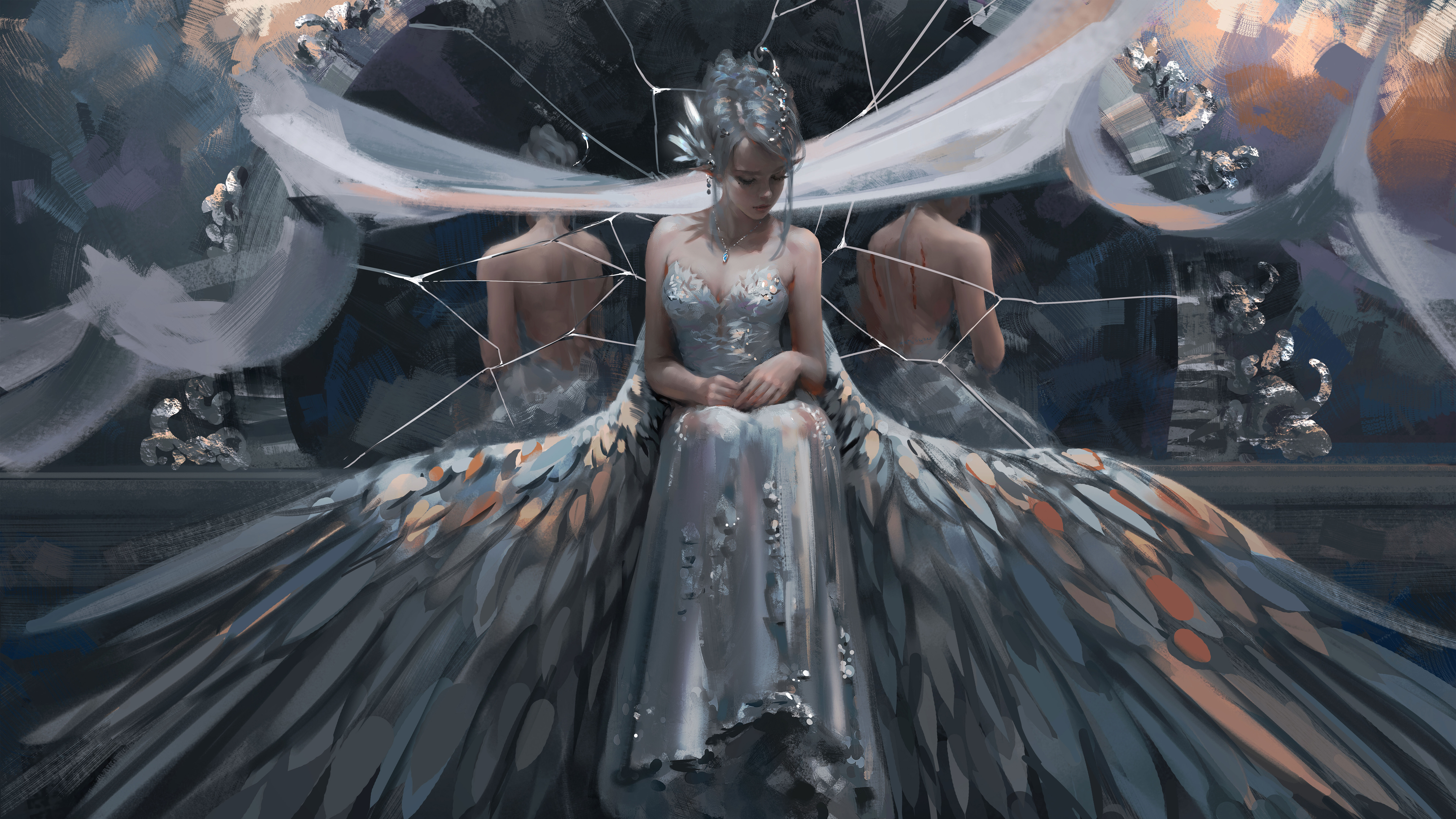 Angel Mirror White Hair Wings 7680x4320