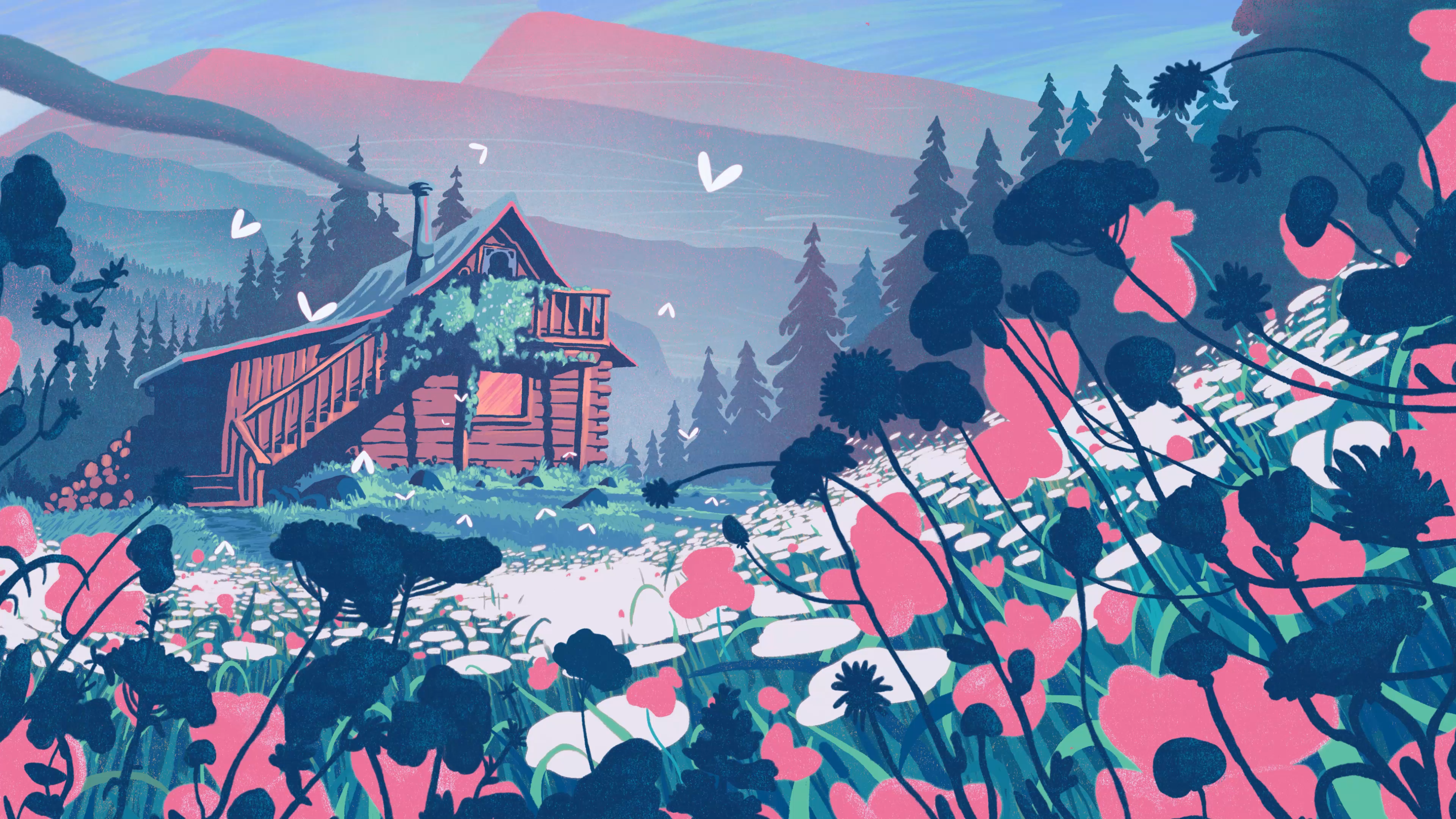 Flowers Cabin Forest Trees Insect Log Sean Lewis Chimneys Smoke 3840x2160