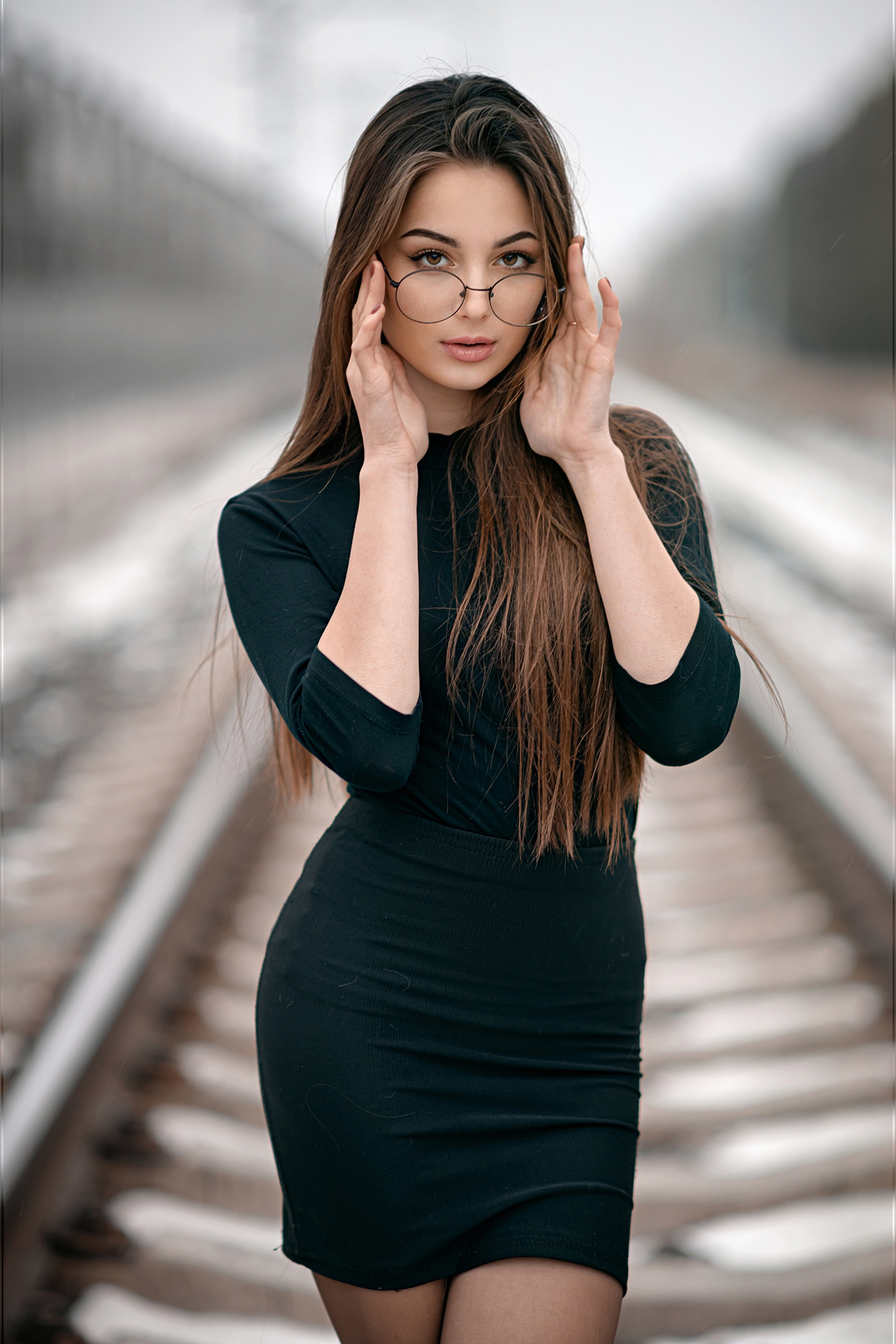 W Darius Women Brunette Long Hair Glasses Looking At Viewer Dress Green Clothing Railway Depth Of Fi 1440x2160
