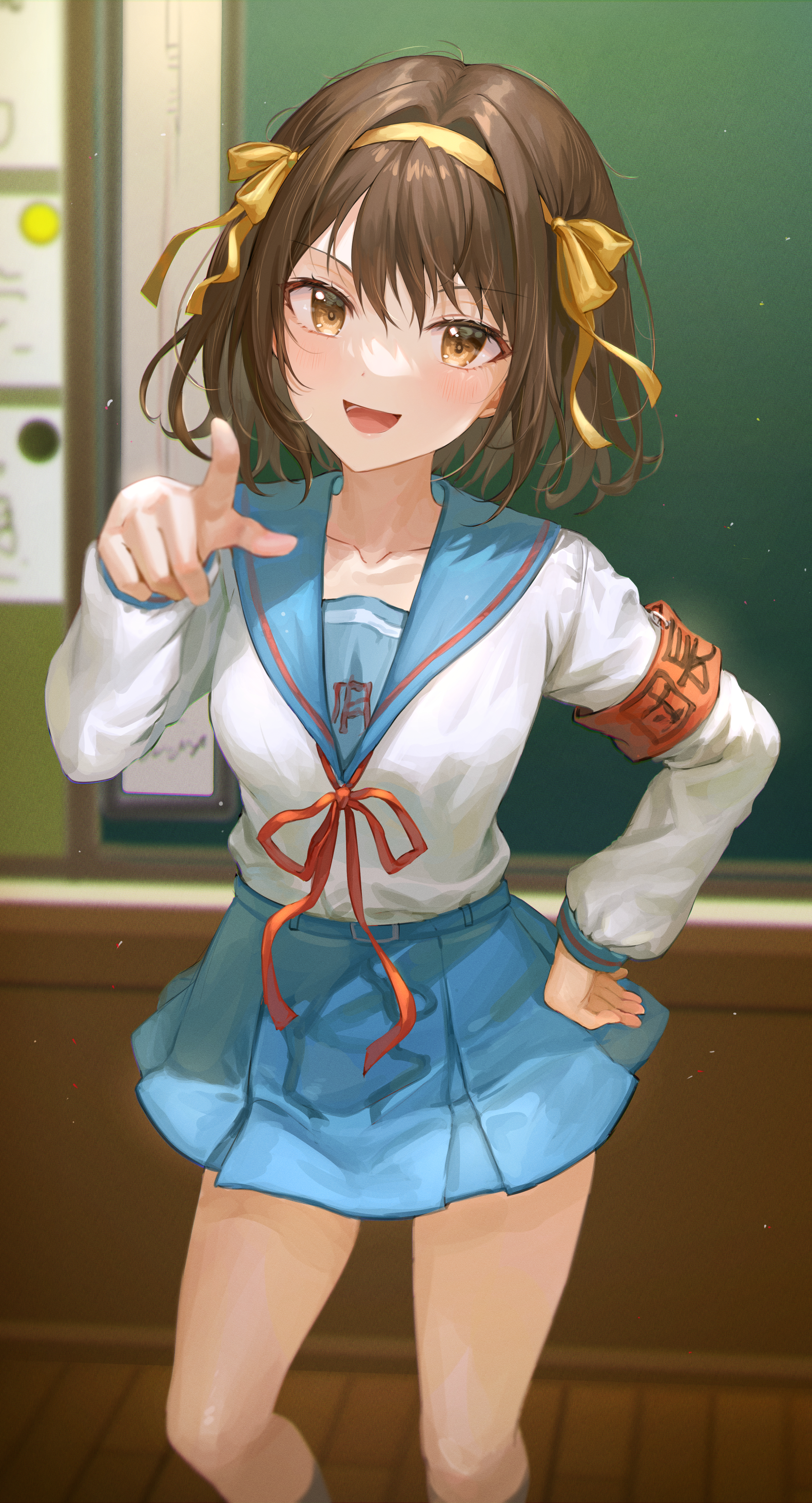 Anime Anime Girls Tokkyu Artista Suzumiya Haruhi Sailor Uniform Classroom Looking At Viewer Finger P 2679x4957