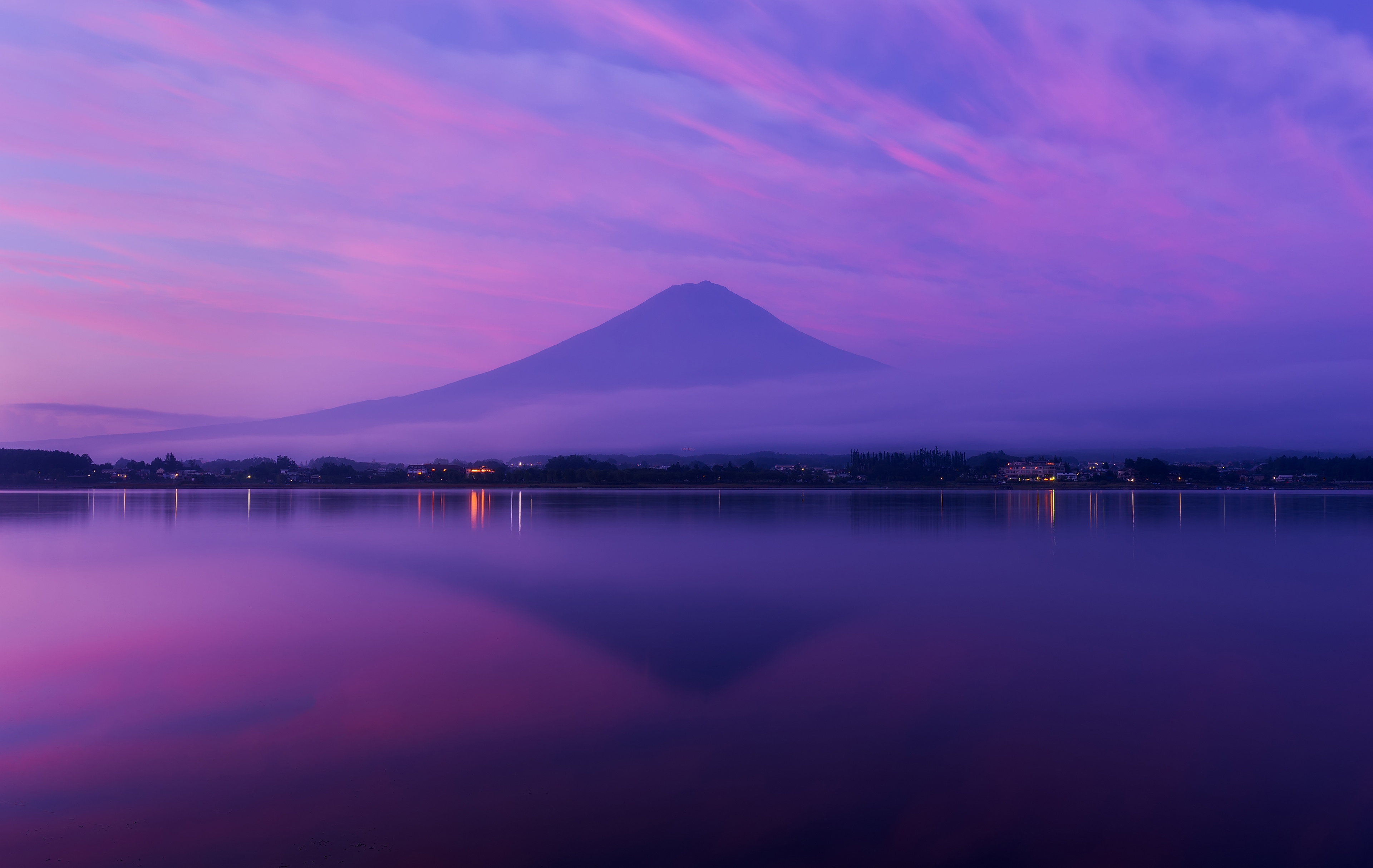 Sky Volcano Japan Lights Reflection Shore Clouds Fuji Mountain Fujiyama Lilac 3840x2428