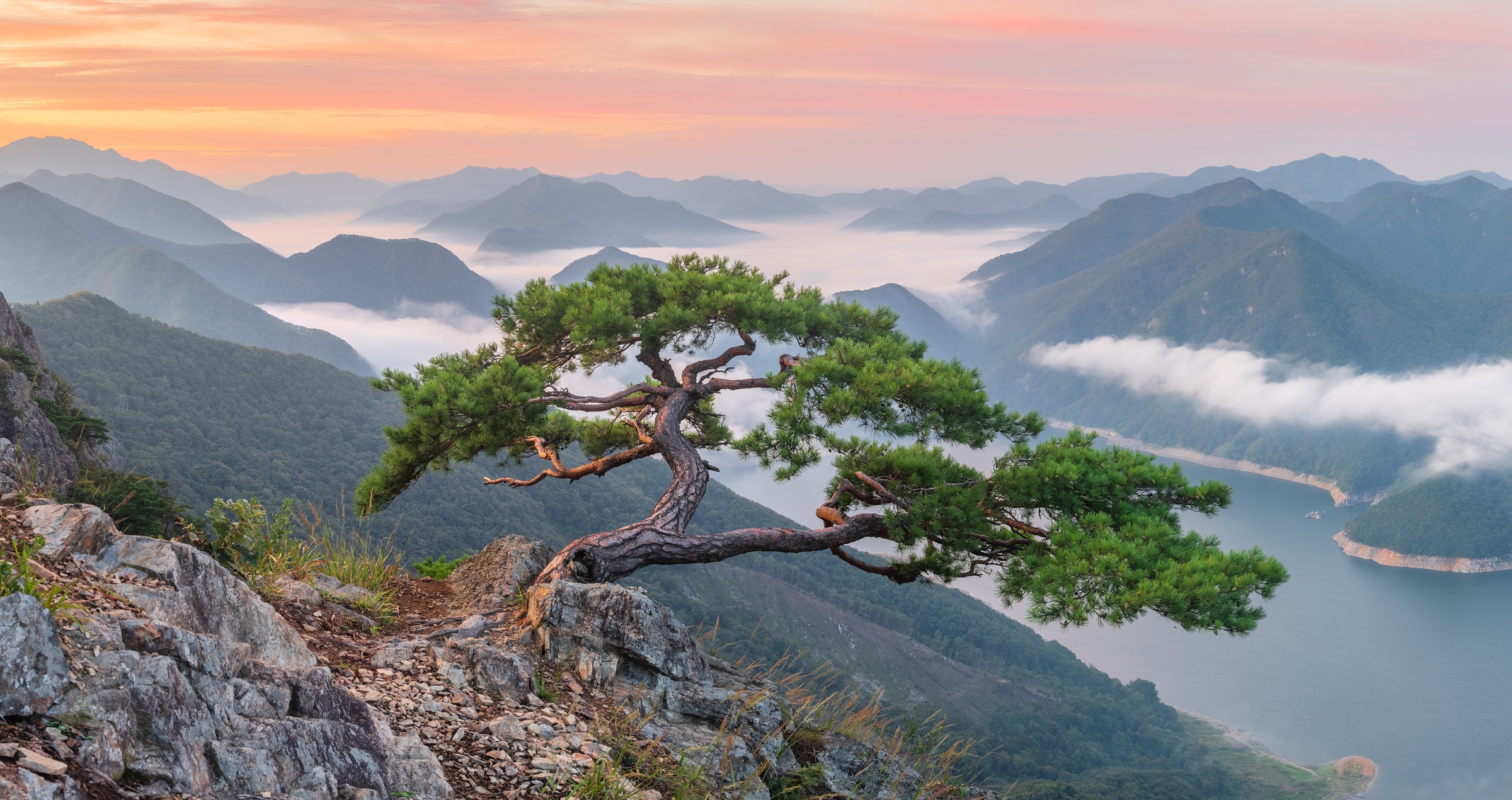 Landscape Mountain Nature Fog River South Korea 2400x1270