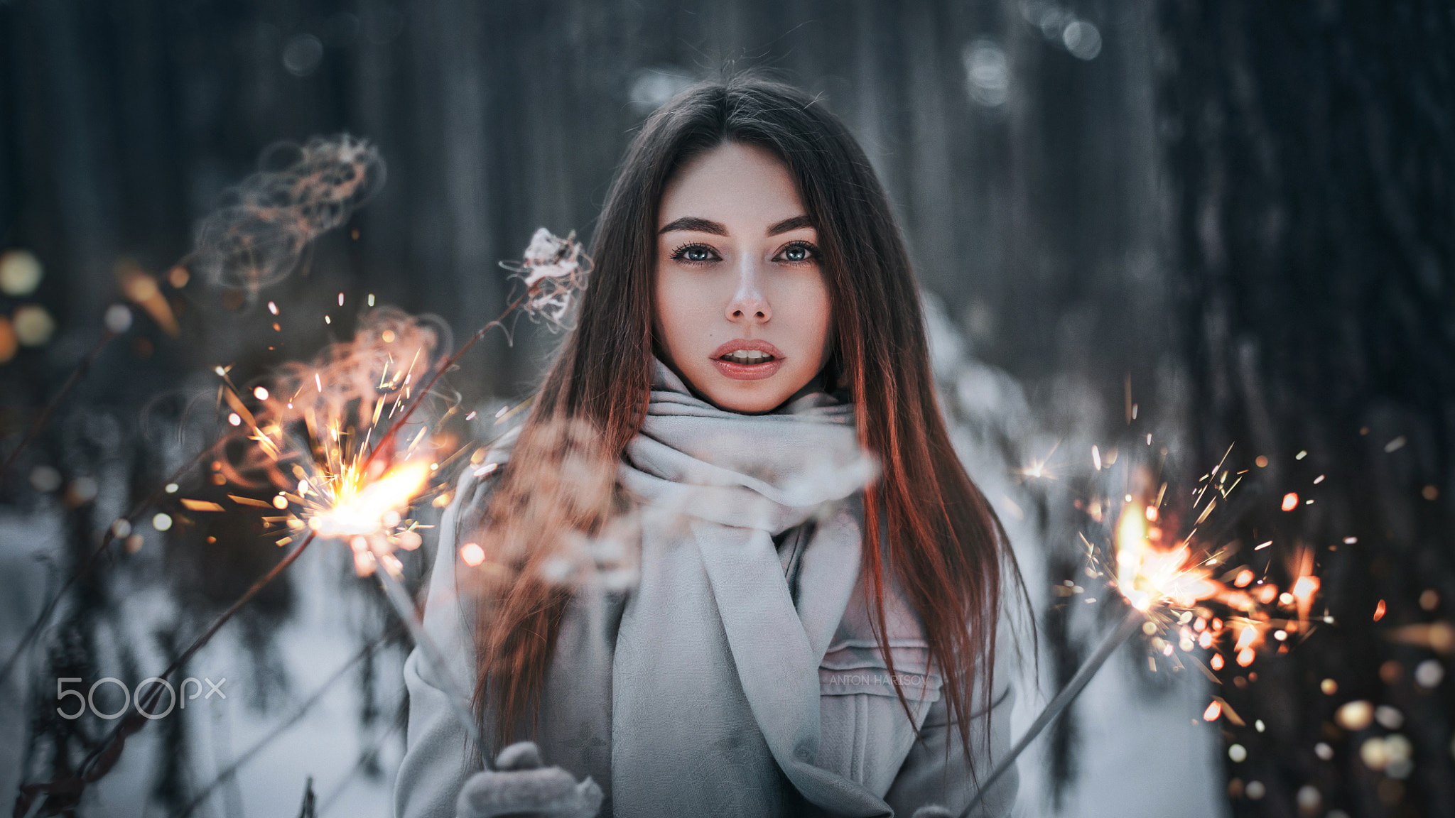 Anton Harisov Women Ombre Hair Scarf Winter Fireworks Portrait Brunette 2048x1152