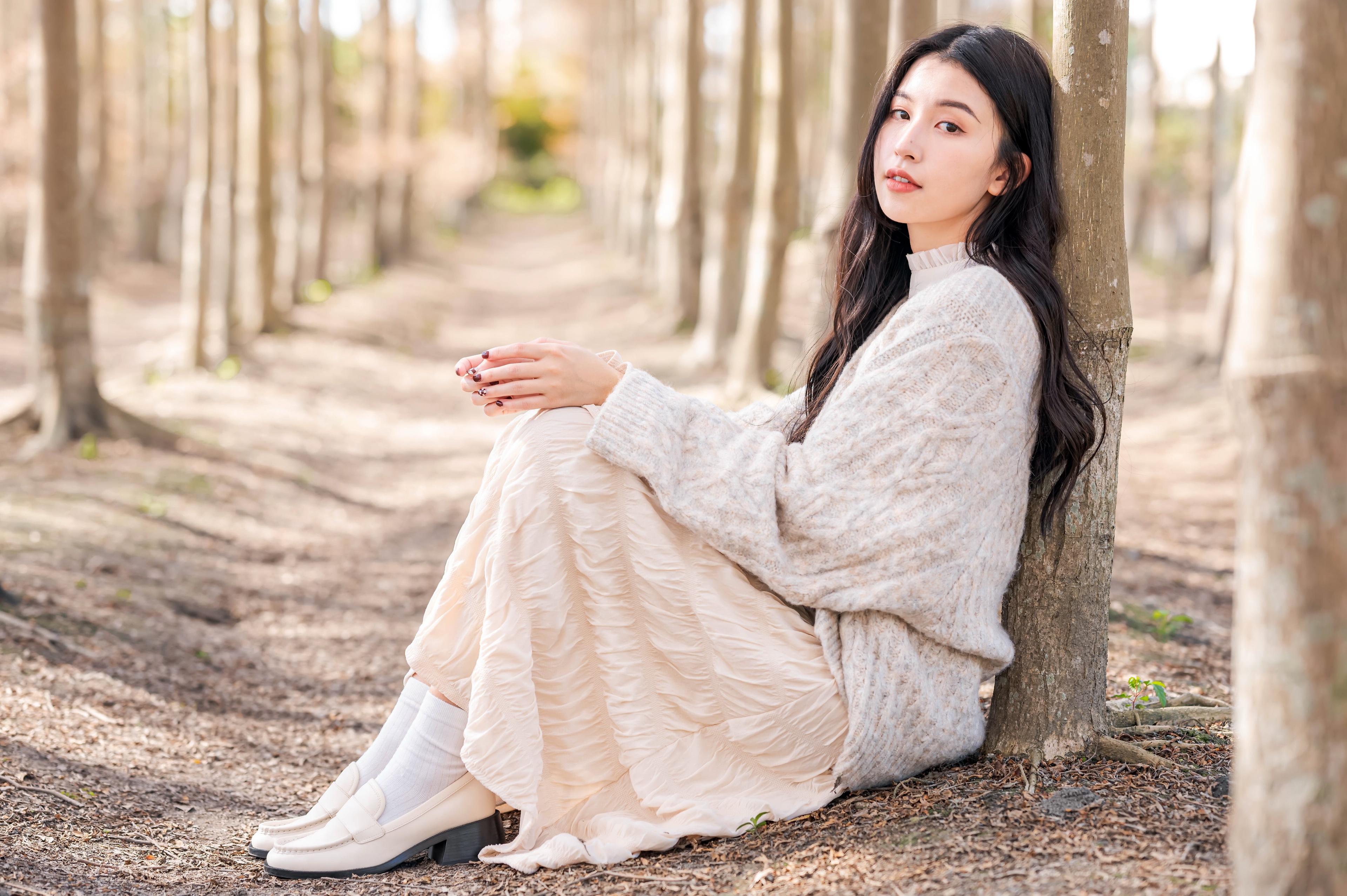 Asian Women Model Sitting Looking At Viewer Outdoors Women Outdoors Brunette Long Hair Sweater Paint 3840x2555