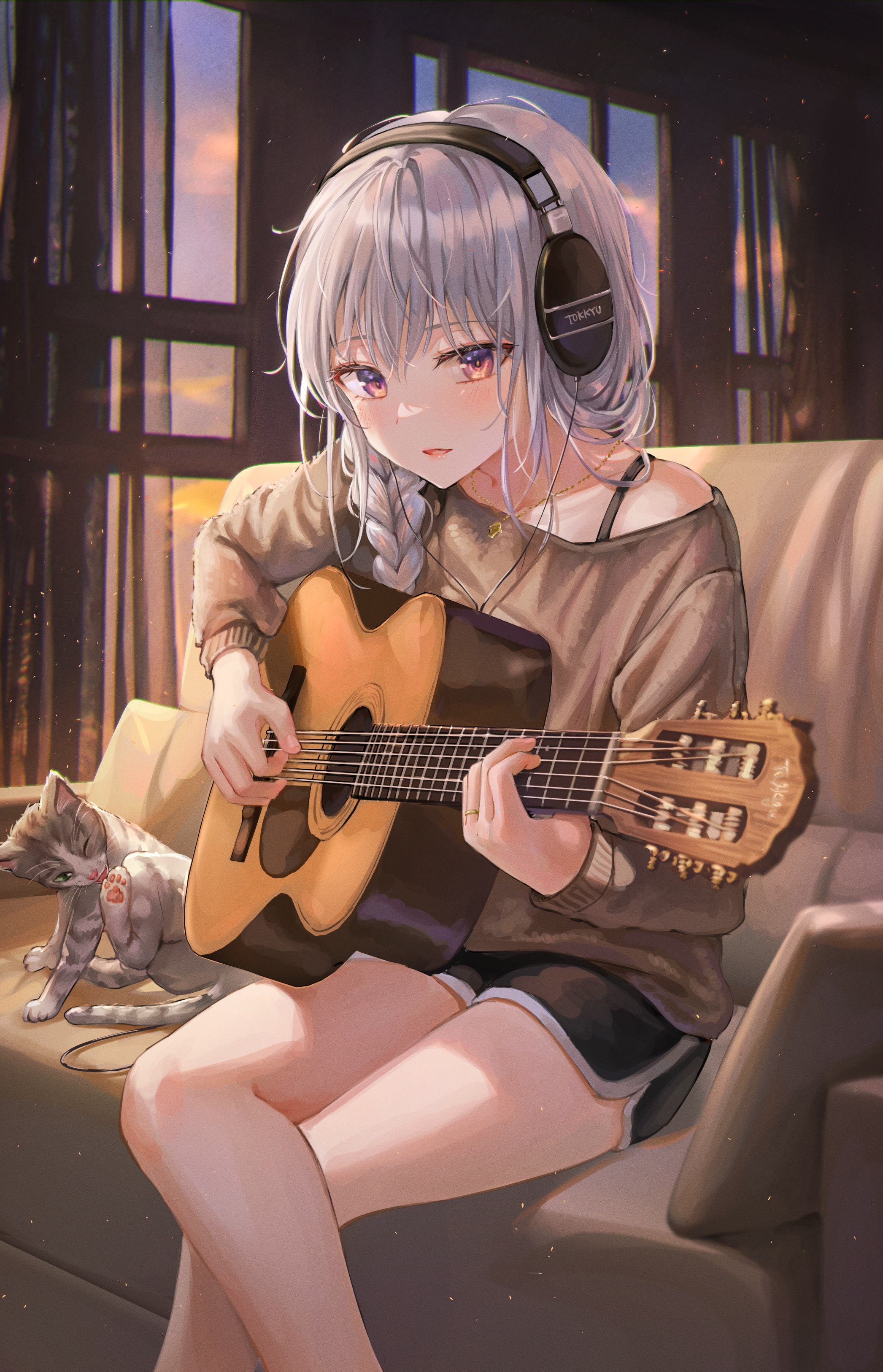 Anime Anime Girls Tokkyu Artista Artwork Silver Hair Braids Headphones Guitar Cats 2093x3252