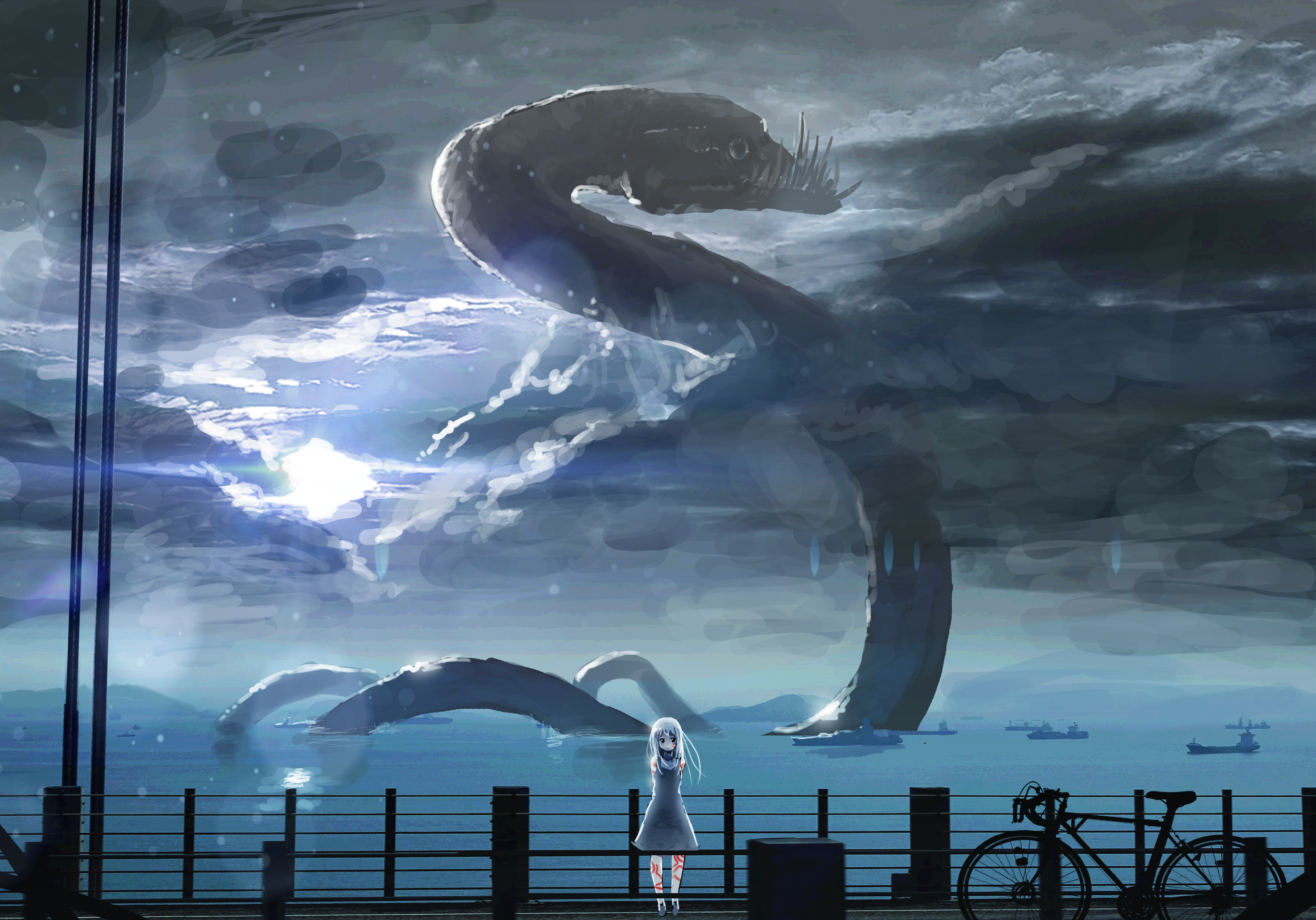 Anime Anime Girls Original Characters Frontal View Leviathan Serpent Water Bikes Bicycle 2500x1747