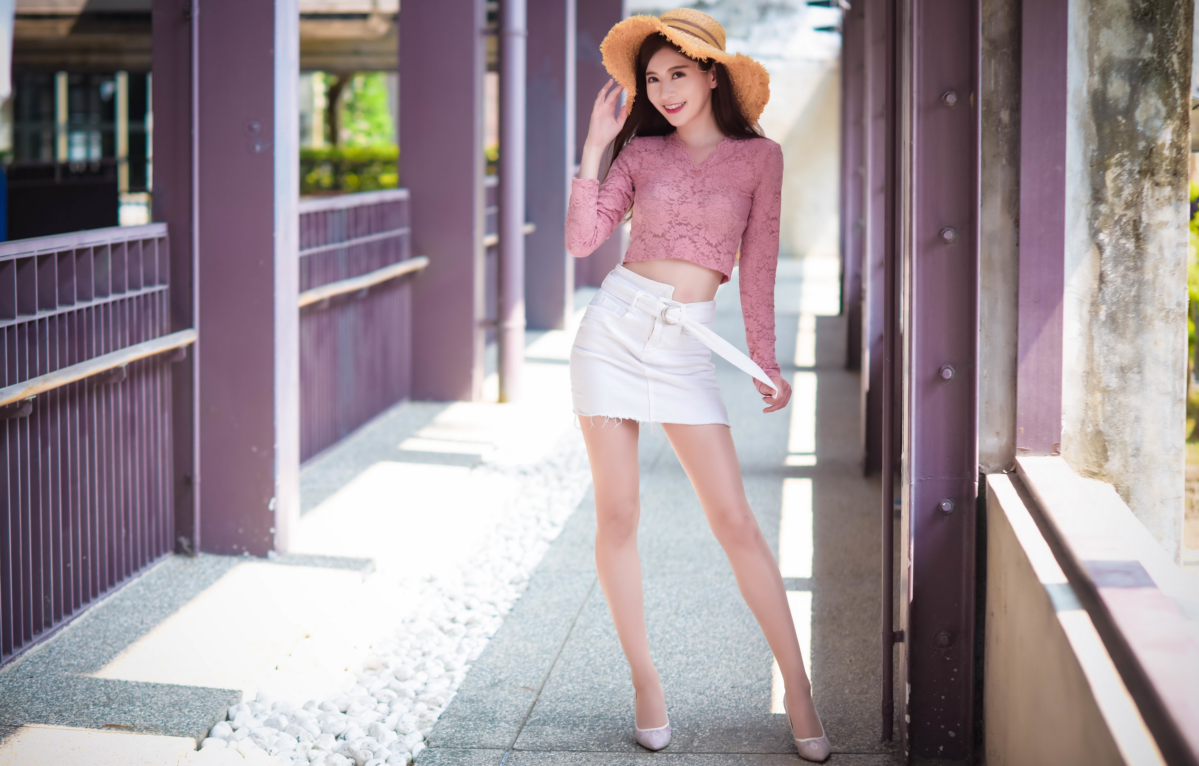 Model Women Asian Hat Women With Hats Smiling Legs Standing Looking At Viewer Skirt Pink Tops Slim B 3840x2454