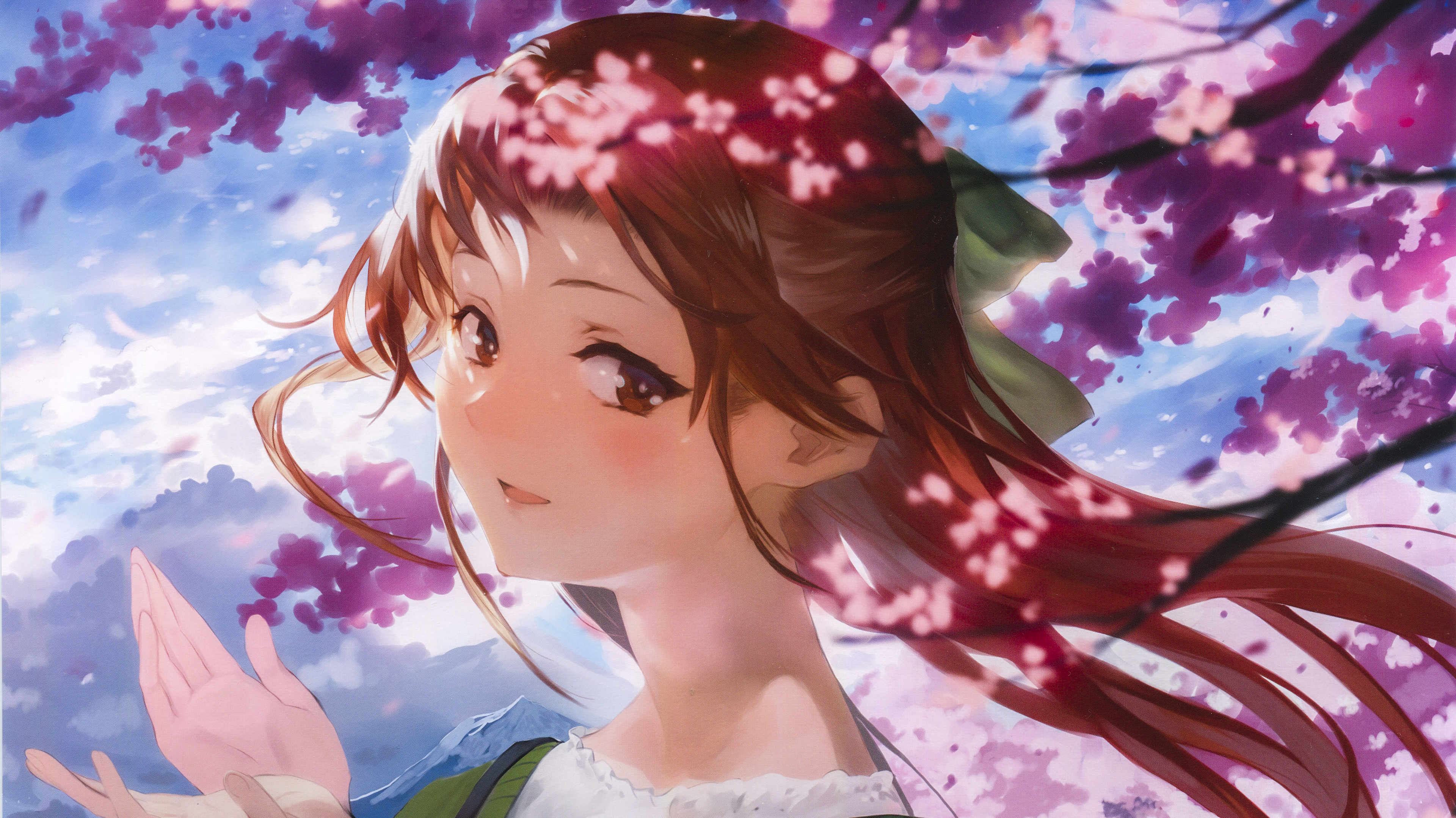 Jintsuu KanColle Looking At Viewer Anime Girls Smiling Blushing Short Hair Brown Eyes Sakura Tree Ka 3840x2159