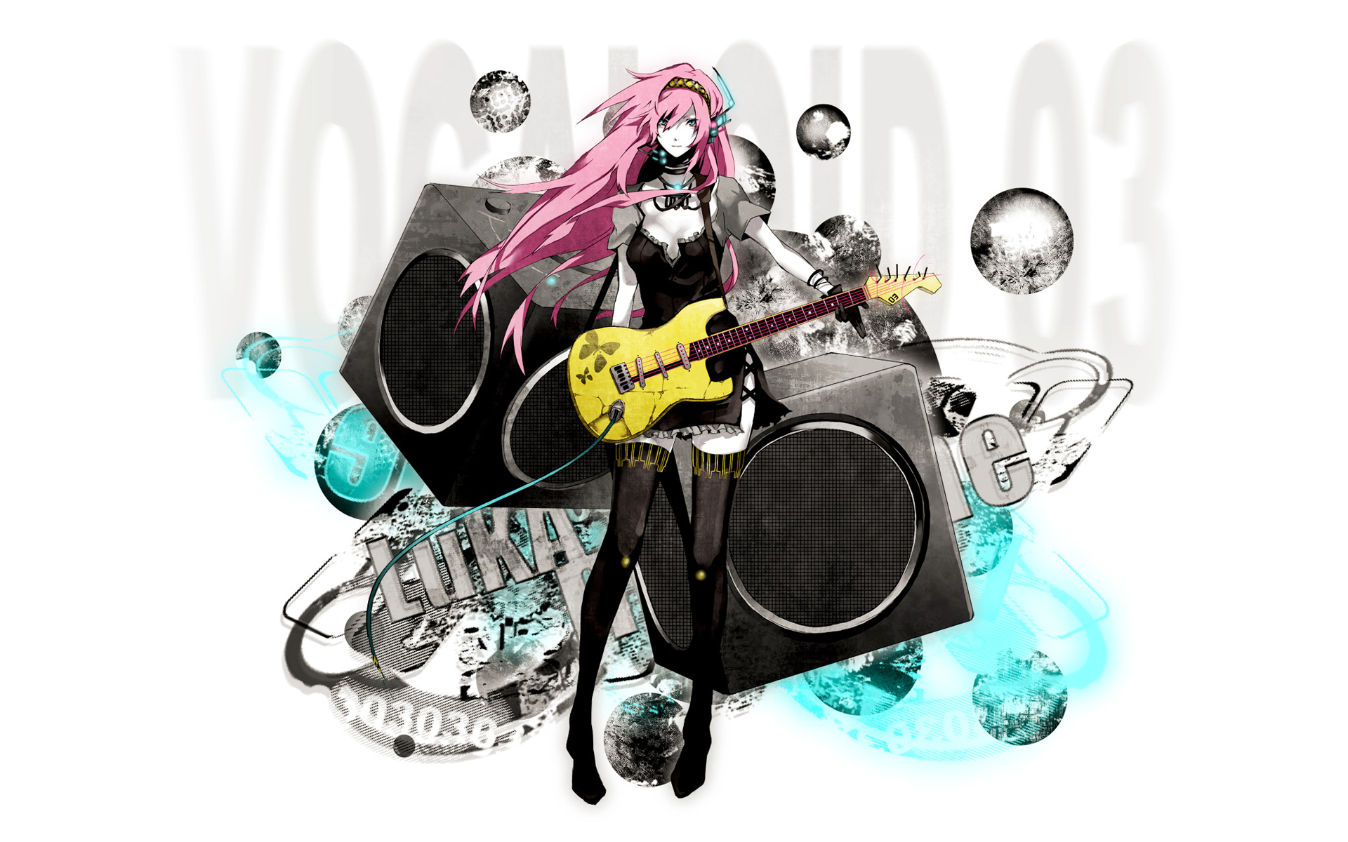 Megurine Luka Vocaloid Speakers Guitar Pink Hair Long Hair Anime Girls 1920x1200