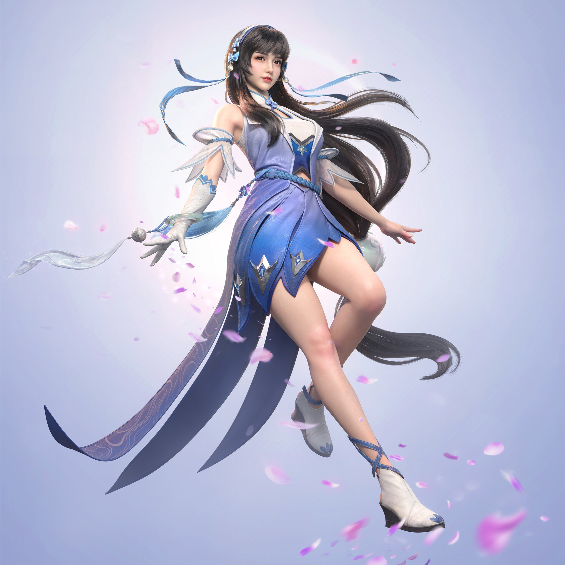 Euginnx Wu CGi Women Asian Dark Hair Long Hair Hairband Dress Blue Clothing Wind Cherry Blossom Floa 1920x1920