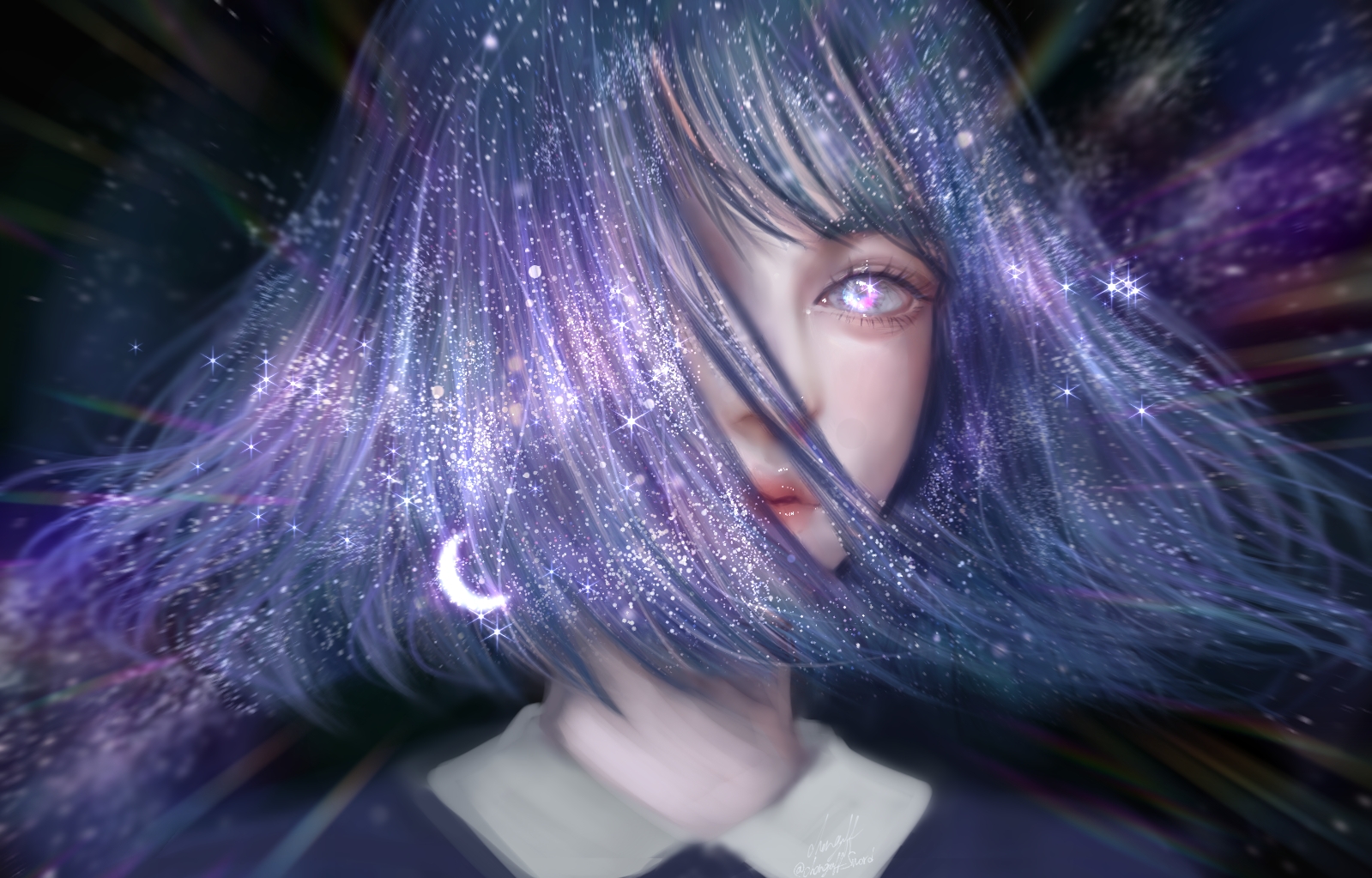 Digital Art Stars Women Universe Space Shoulder Length Hair Short Hair Moon Milky Way 1599x1023