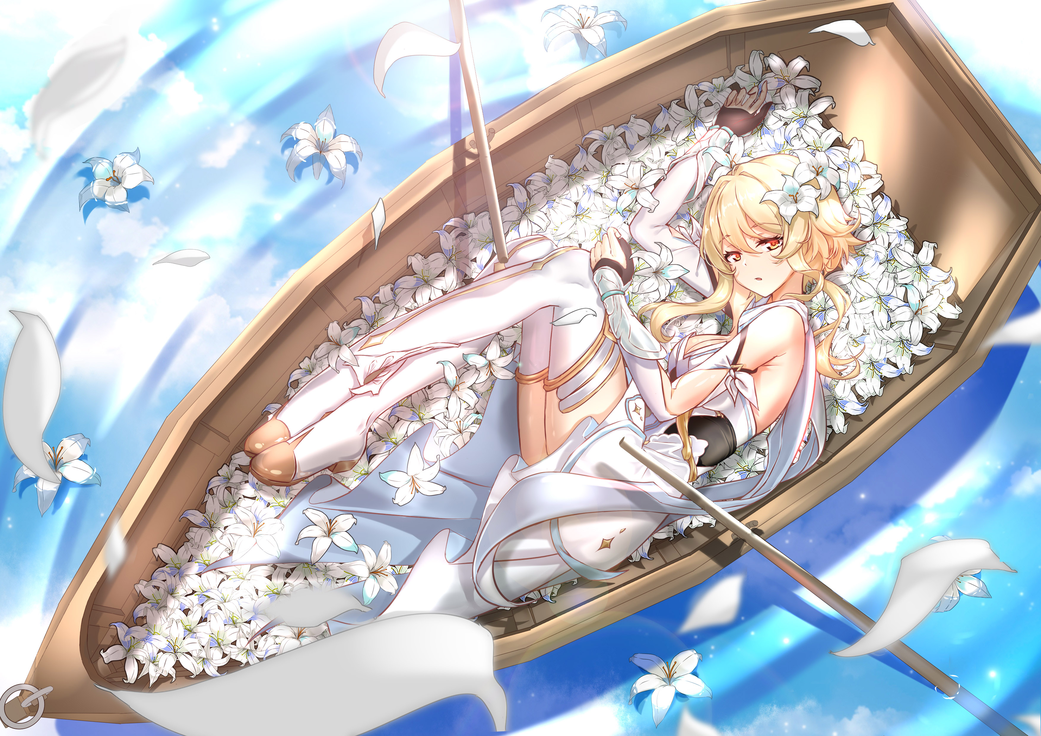 Anime Anime Girls Fantasy Art Fantasy Girl Looking At Viewer Boat Vehicle Petals Blonde Flower In Ha 3508x2480