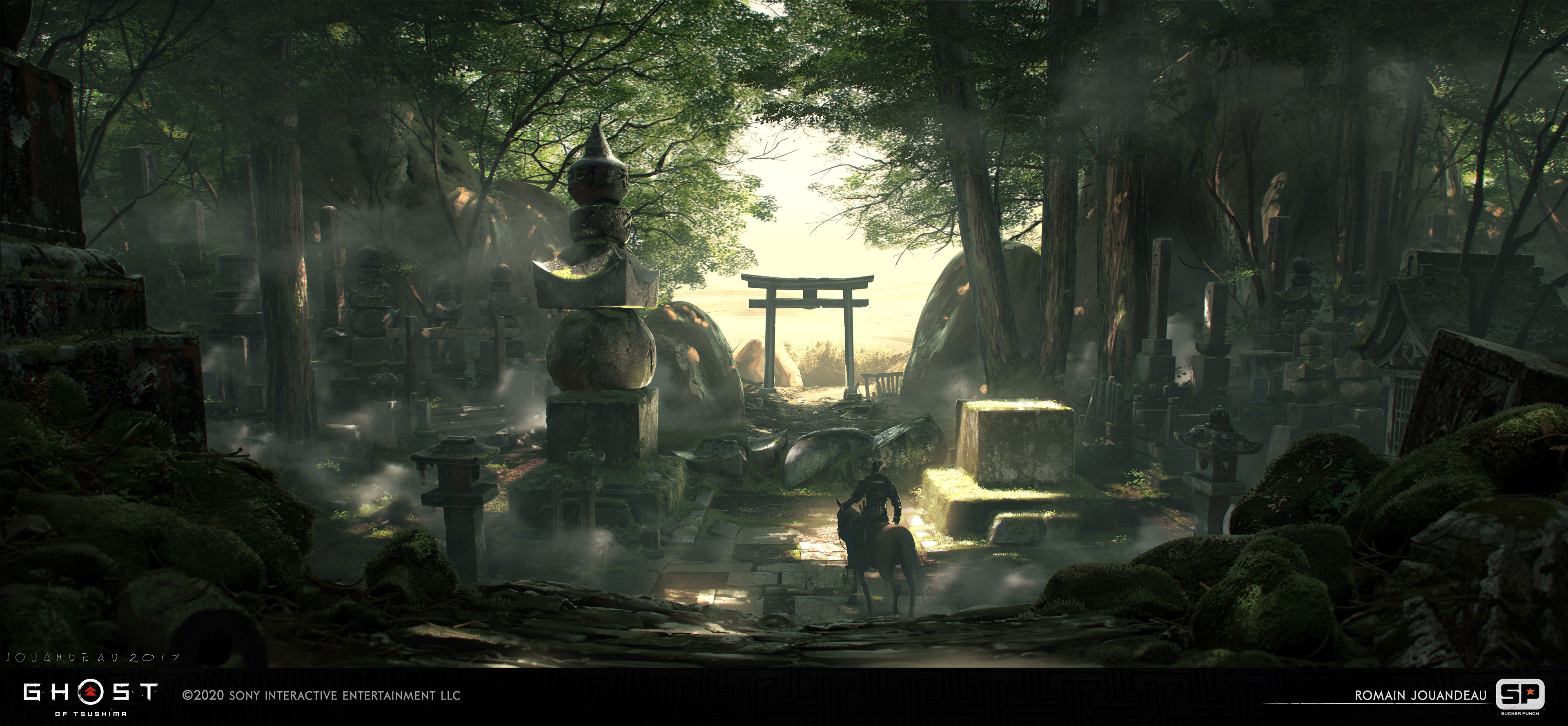 Romain Jouandeau ArtStation Ghost Of Tsushima Torii Horse Samurai Architecture Forest Digital 3840x1779