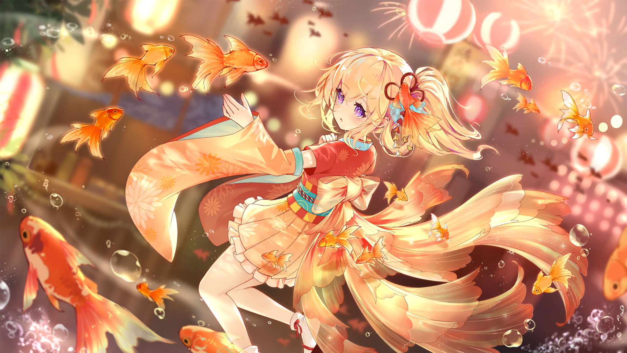 Game Characters Yellow Hair 2D Goldfish Bubbles Kimono Purple Eyes Blonde Long Hair Barrette 2048x1154