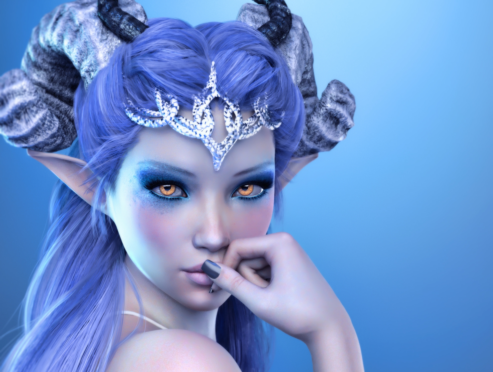 Blue Hair Demon Elf Horns Jewelry Woman 2000x1508