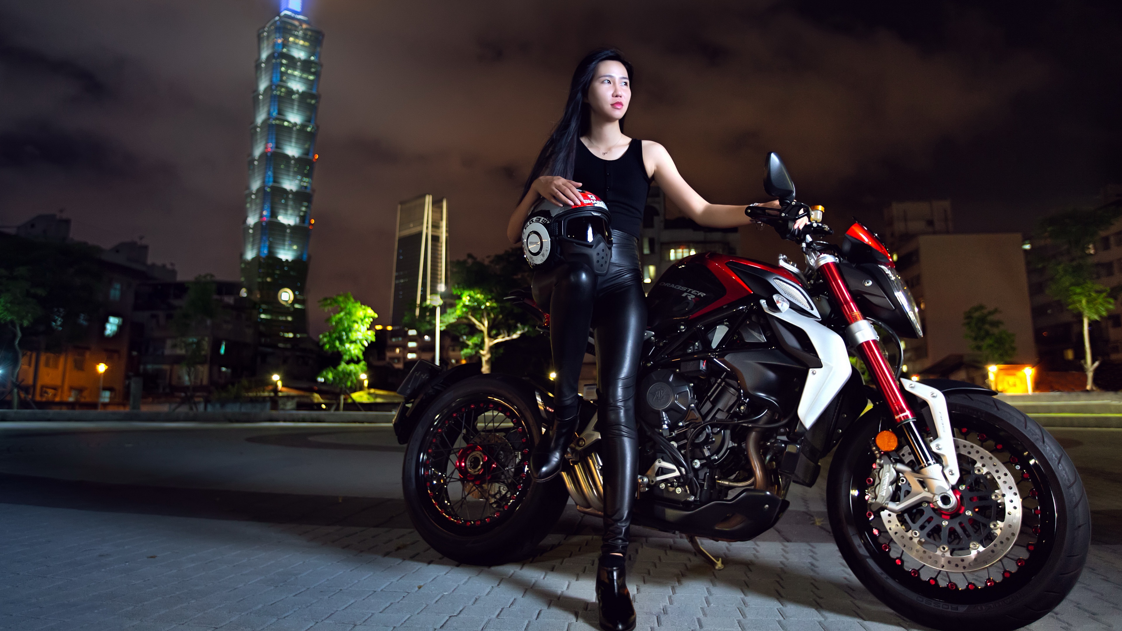 Women Model Dark Hair Asian Motorcycle Vehicle Women With Motorcycles Looking Into The Distance Long 3840x2160