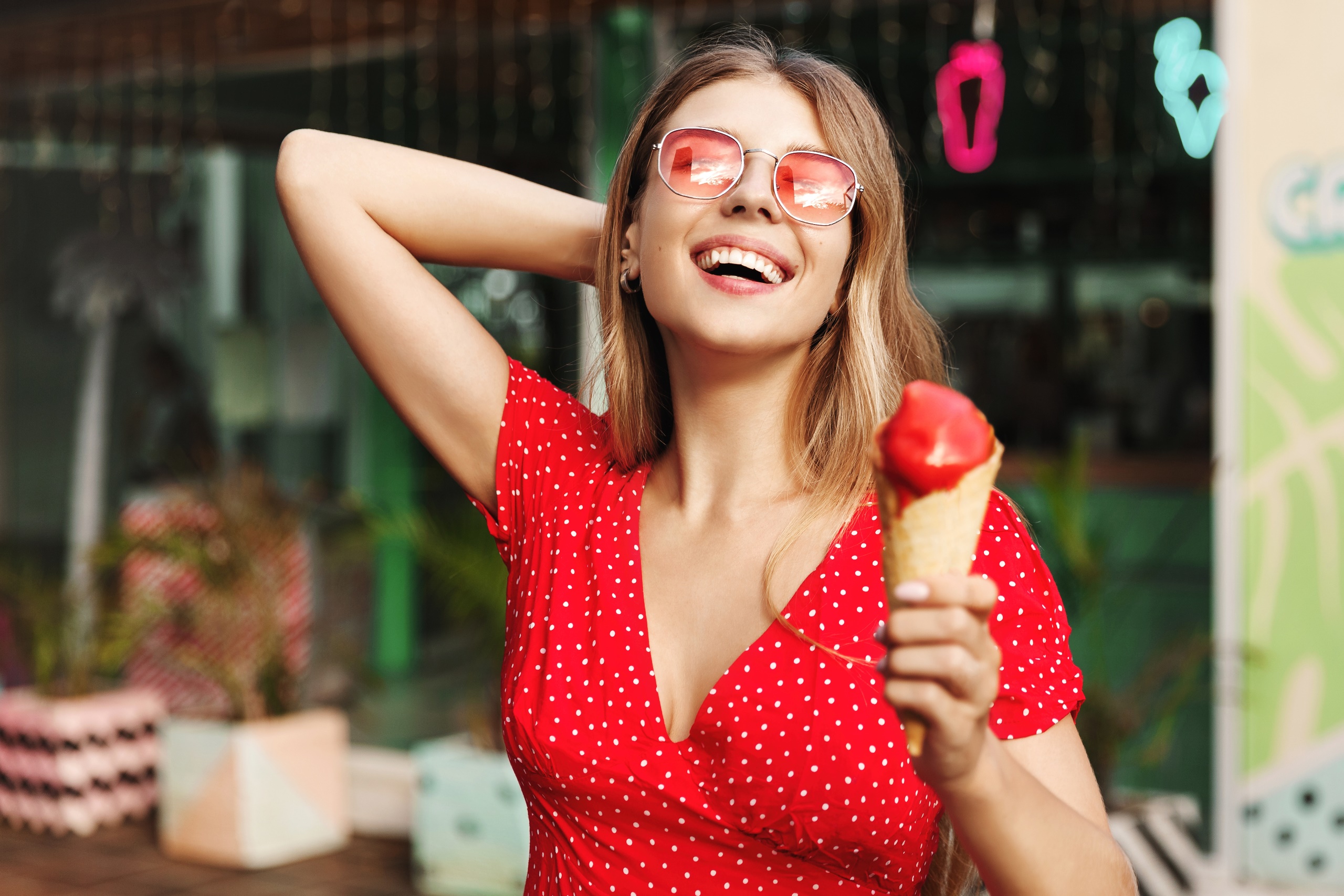Women Model Women With Shades Ice Cream Food Sweets Happy Dress Red Dress Arms Up Shades Open Mouth  2560x1707