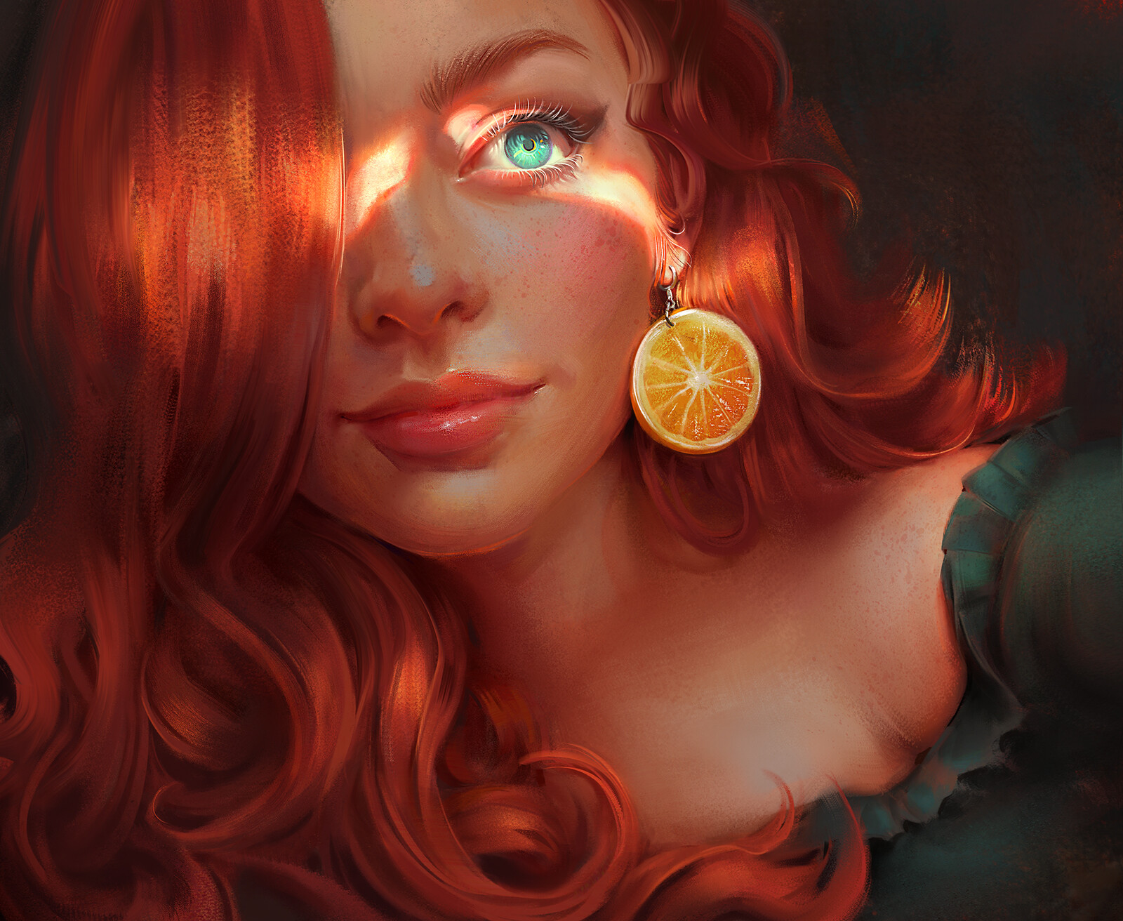 Mandy Jurgens Artwork Women Face Closeup Redhead Hair Over One Eye Red Lipstick ArtStation 1600x1312