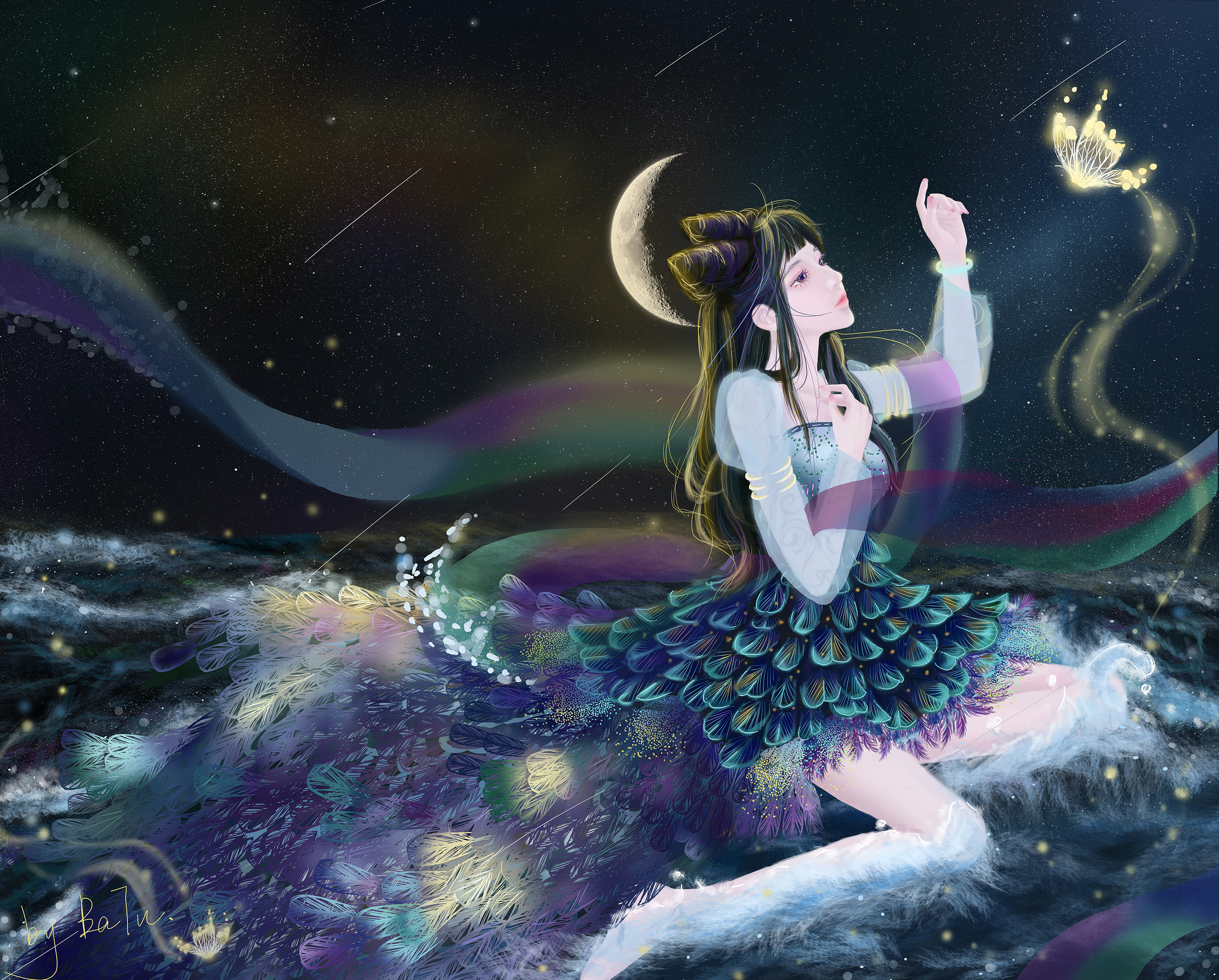 Women Sea Foam Butterfly Silk Moon Phases Starry Night 2686x2160