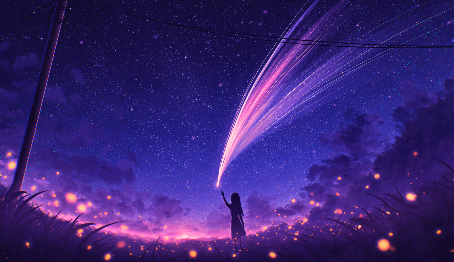 Elizabeth Miloecute Digital Art Starry Night Shooting Stars Utility Pole Sunset 1920x1108