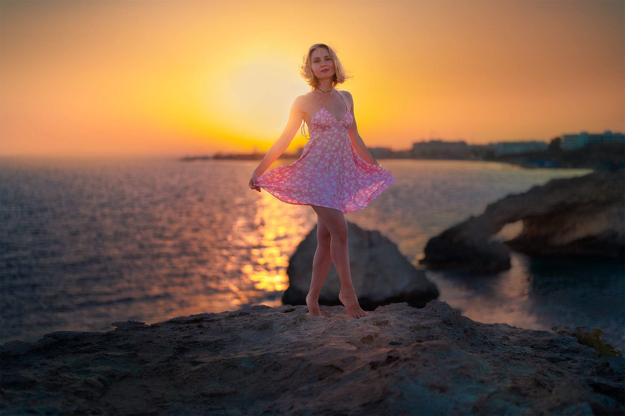Women Model Outdoors Women Outdoors Orange Sky Standing Summer Dress Pink Dress Sun Barefoot Blonde  2000x1333