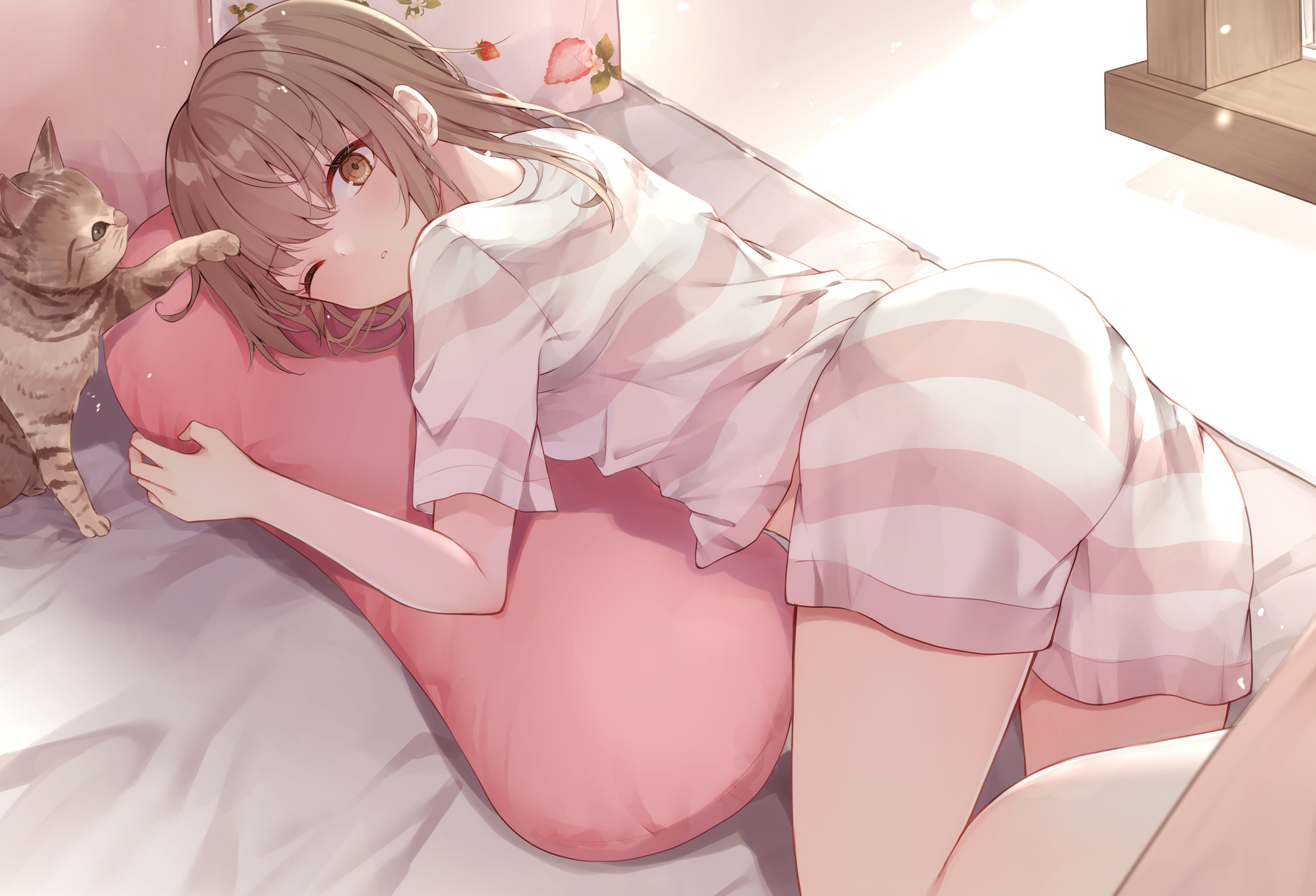 Anime Anime Girls Yrt Ry Cats One Eye Closed Brunette Brown Eyes Pyjamas In Bed 3500x2384