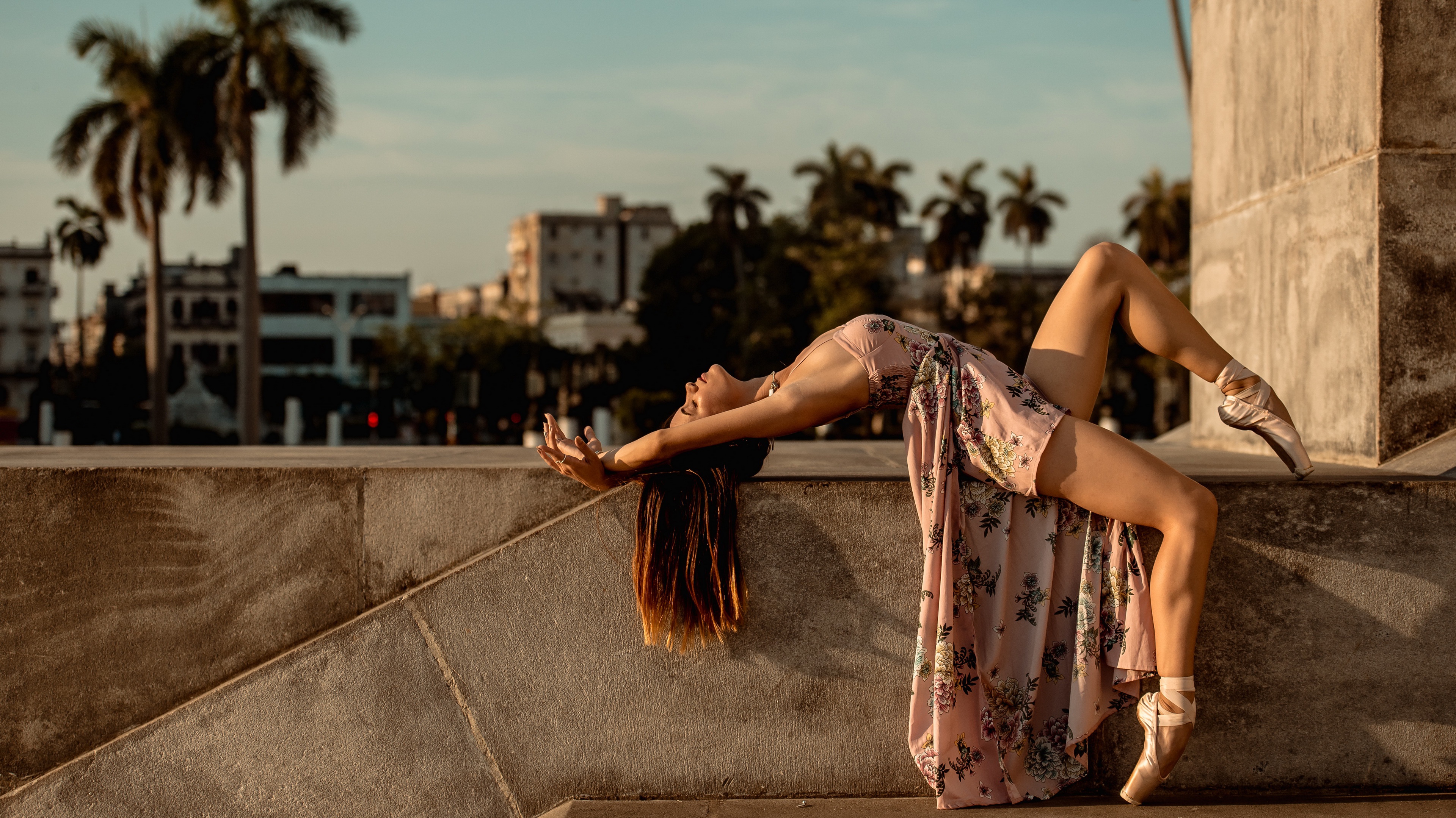 Women Dancer Model Women Outdoors Urban Long Hair Ballet Slippers Legs Brunette Closed Eyes Flower D 3840x2160